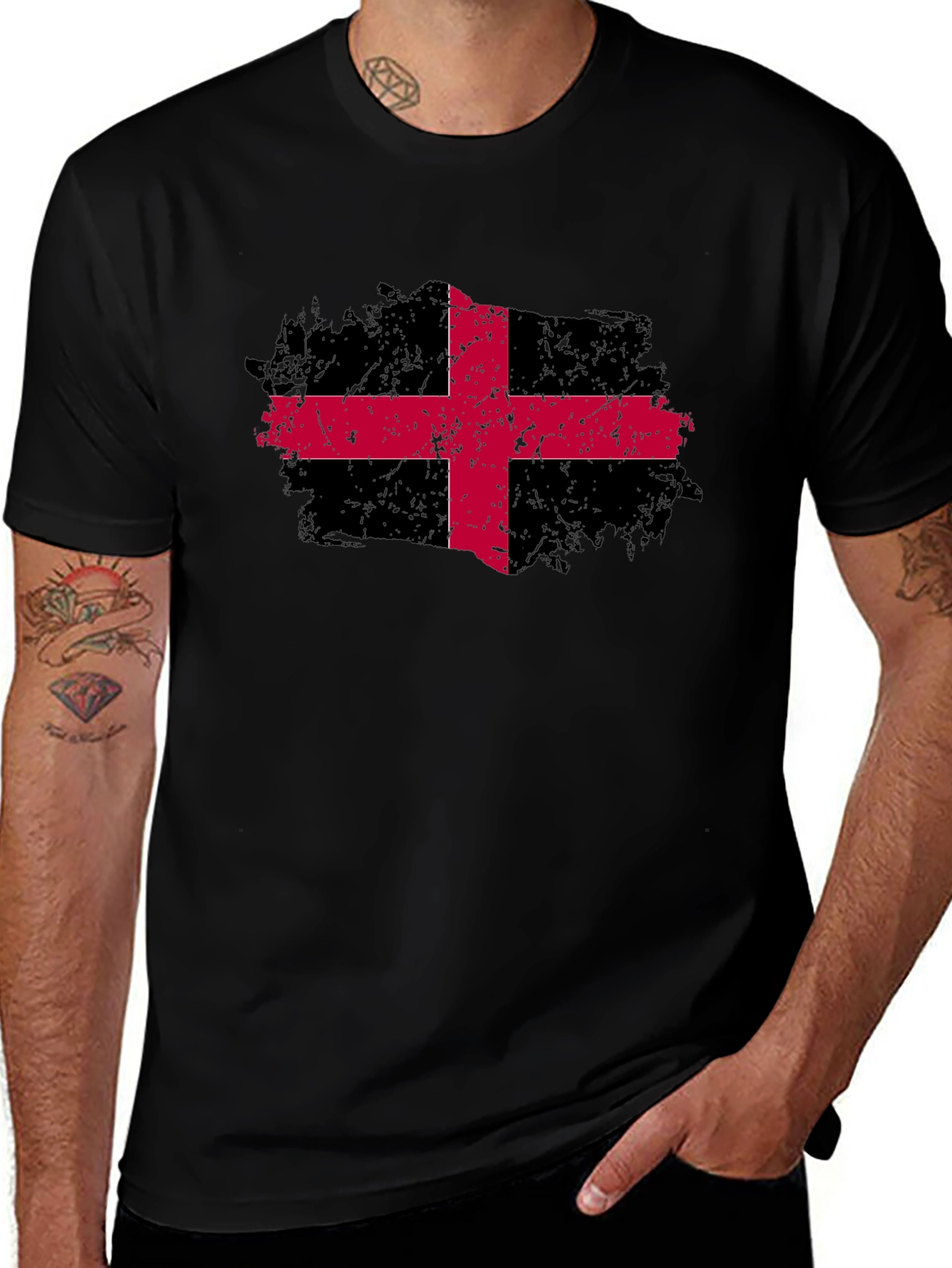 Black T-Shirt with Red Cross Graphic