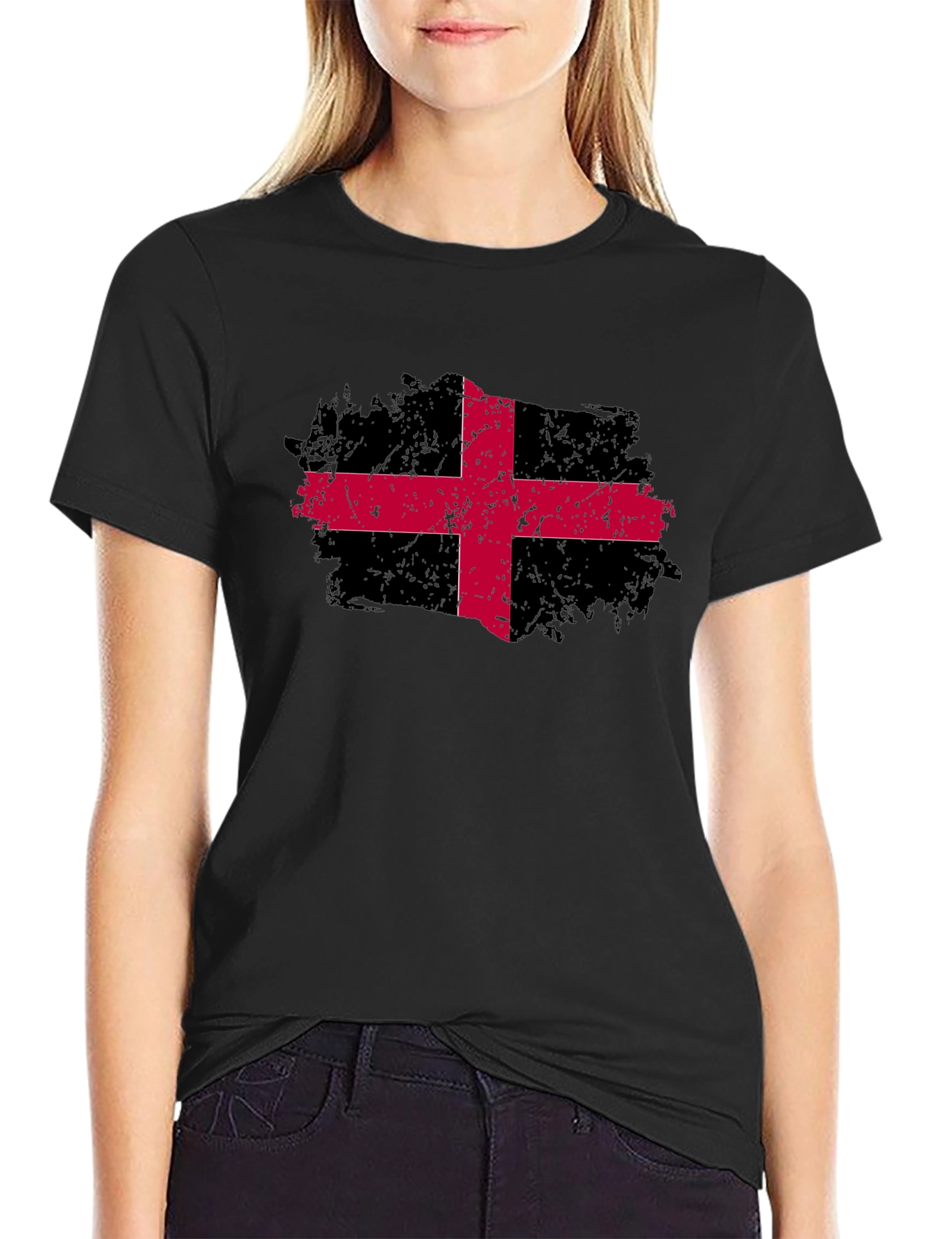 Black T-Shirt with Red Cross Graphic