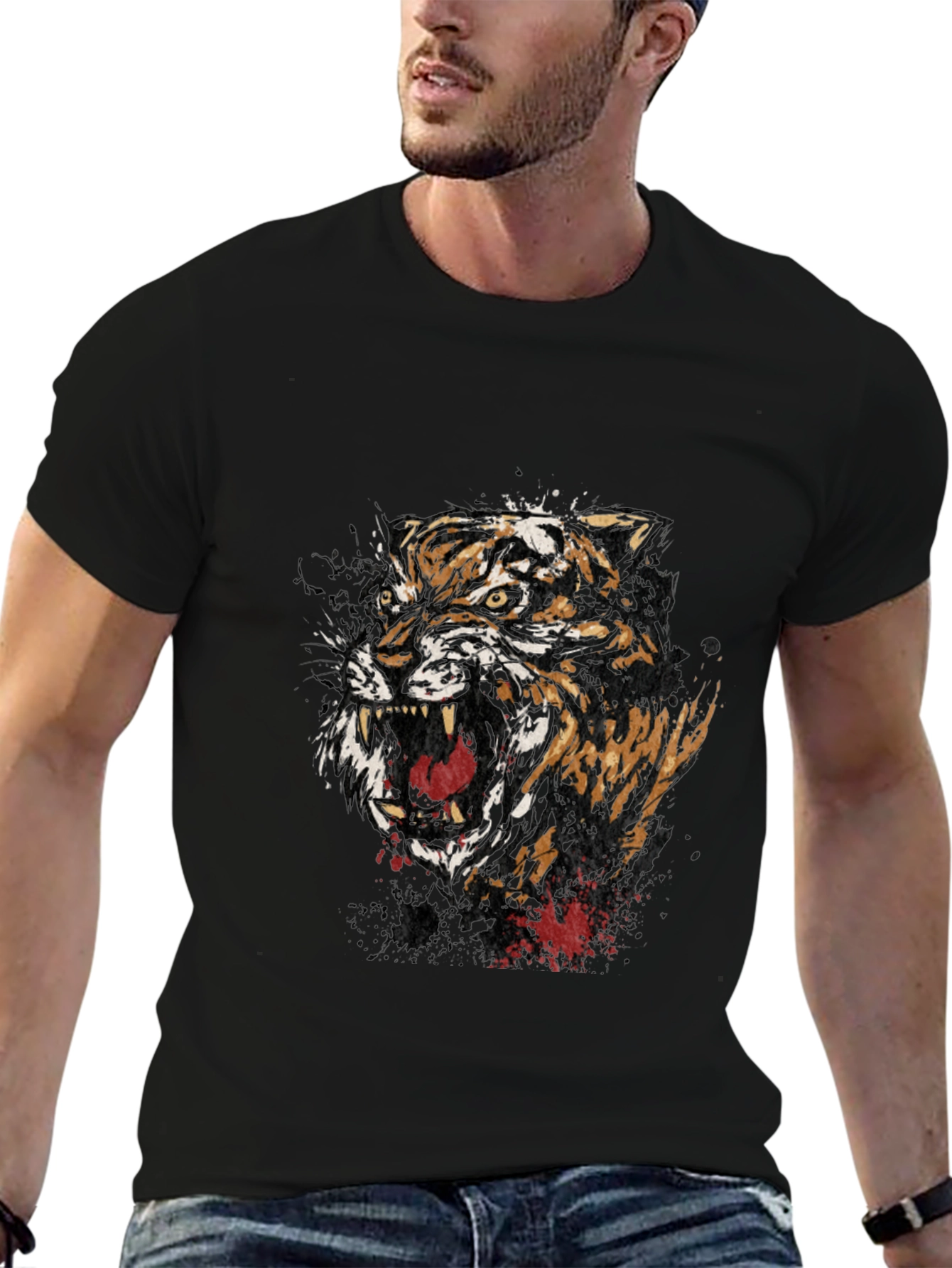 Mens Black Graphic Tee - Roaring Tiger Design