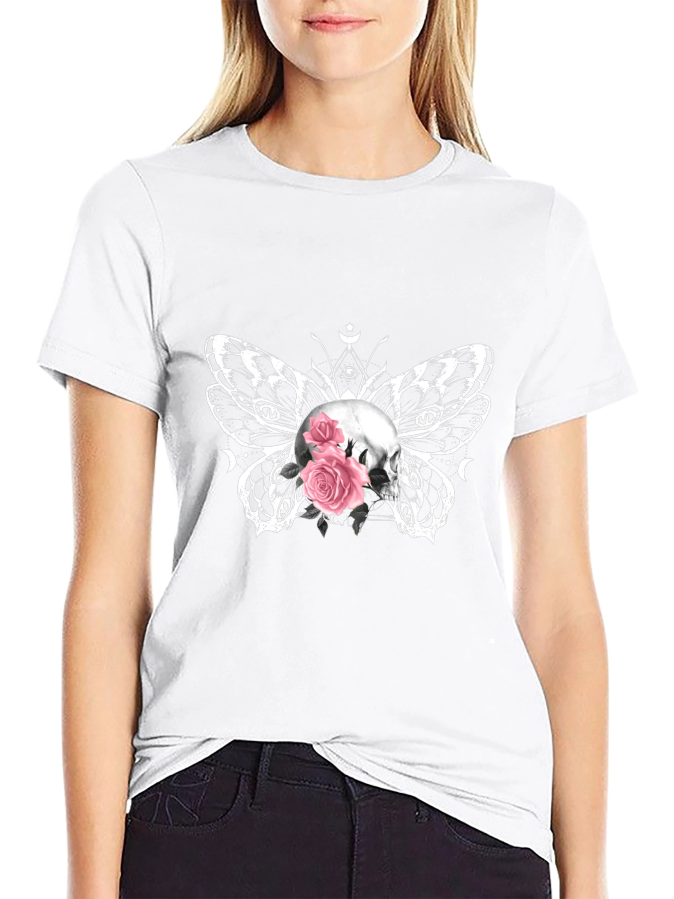 Skull Butterfly Roses Graphic Tee - Black