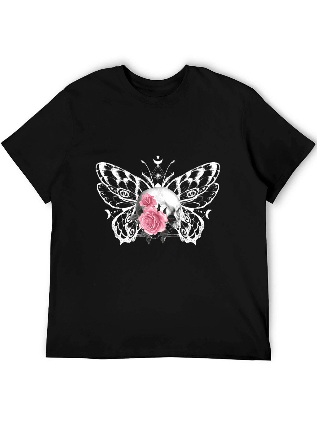 Skull Butterfly Roses Graphic Tee - Black