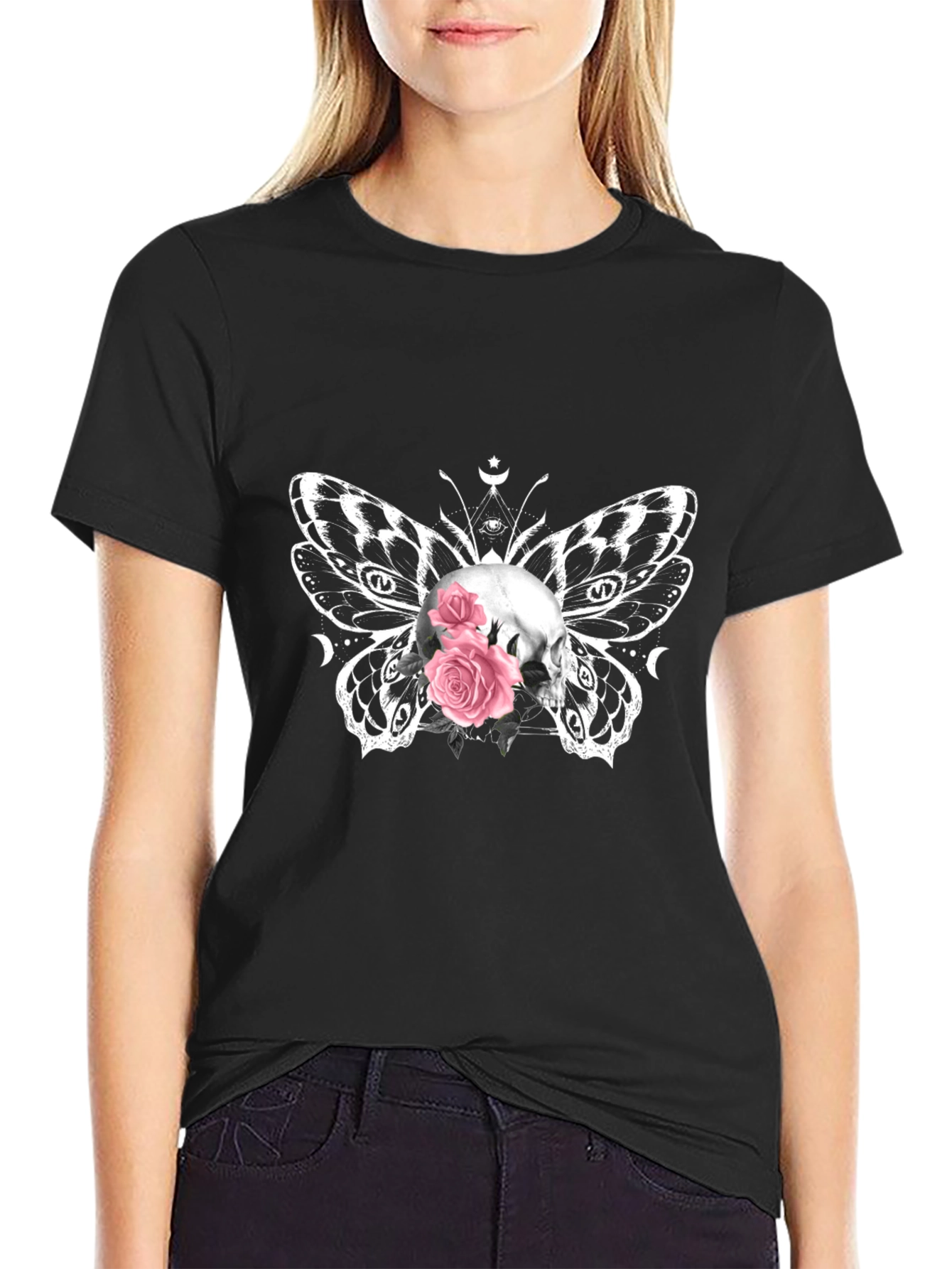 Skull Butterfly Roses Graphic Tee - Black