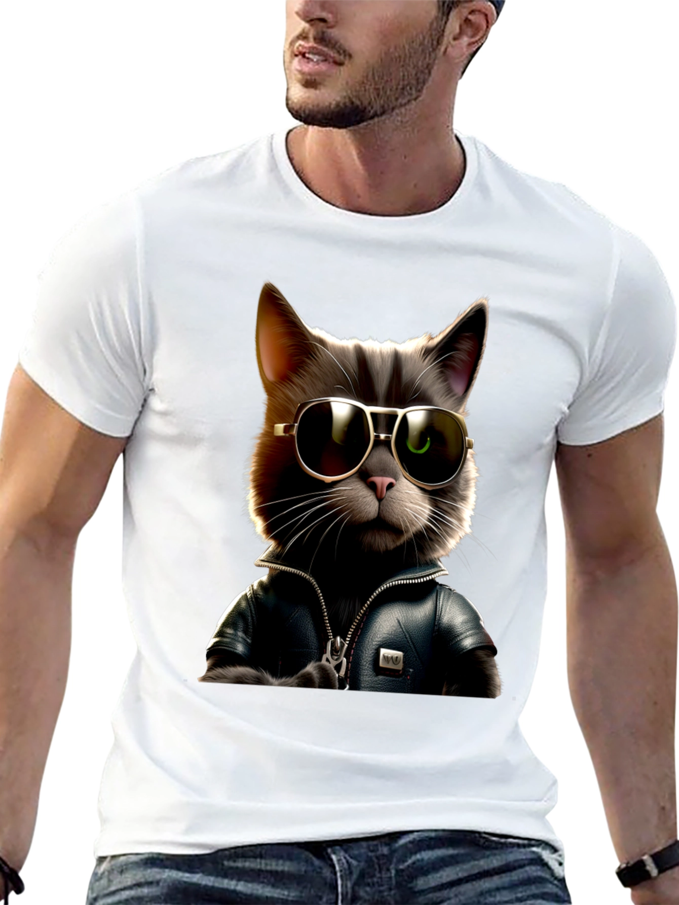 Cool Cat in Leather Jacket Graphic T-Shirt
