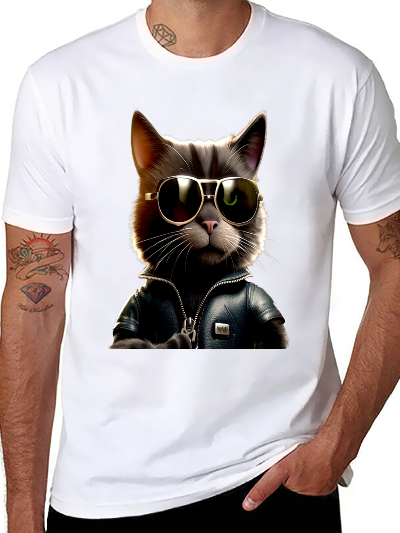Cool Cat in Leather Jacket Graphic T-Shirt