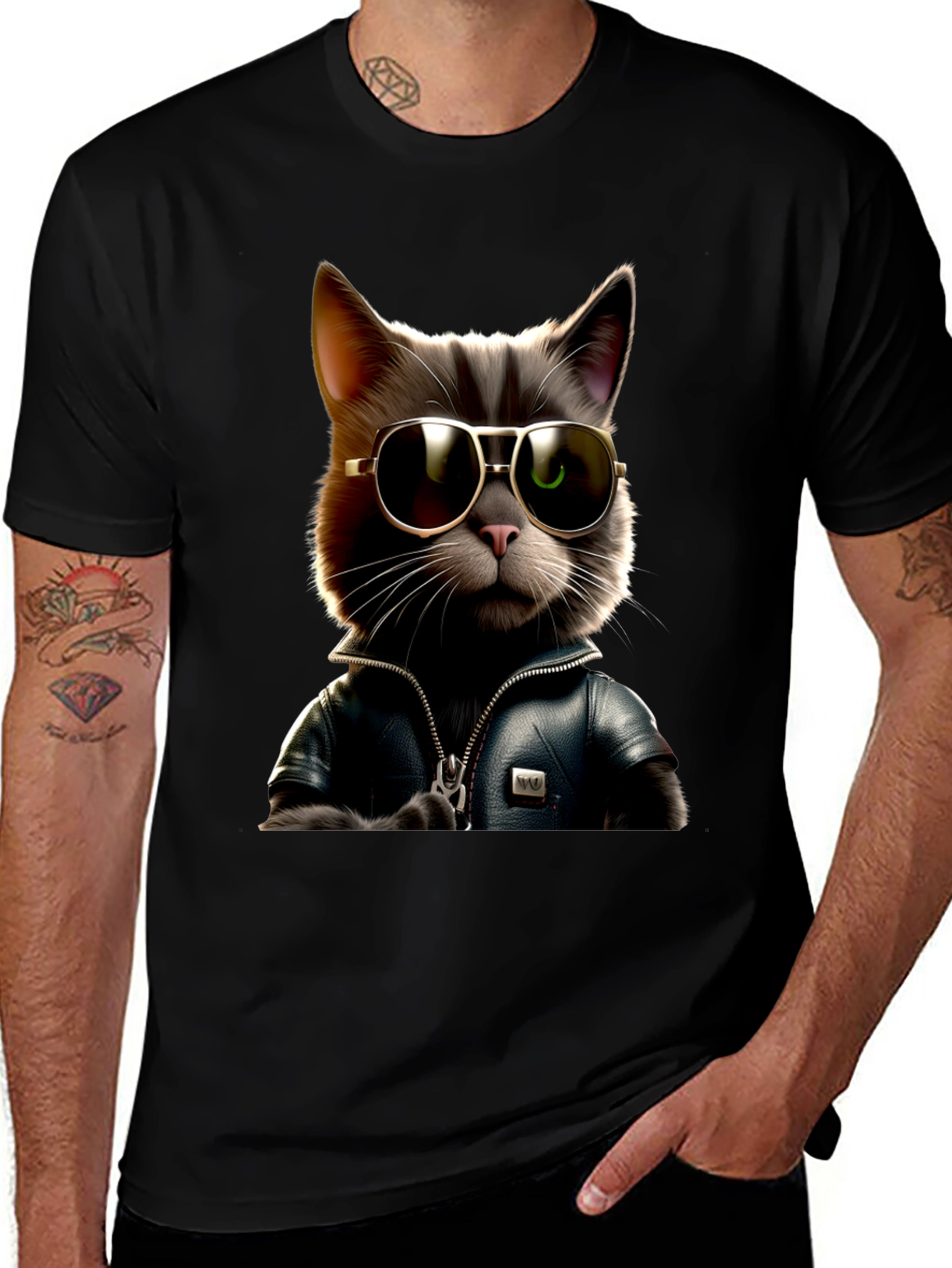 Cool Cat in Leather Jacket Graphic T-Shirt