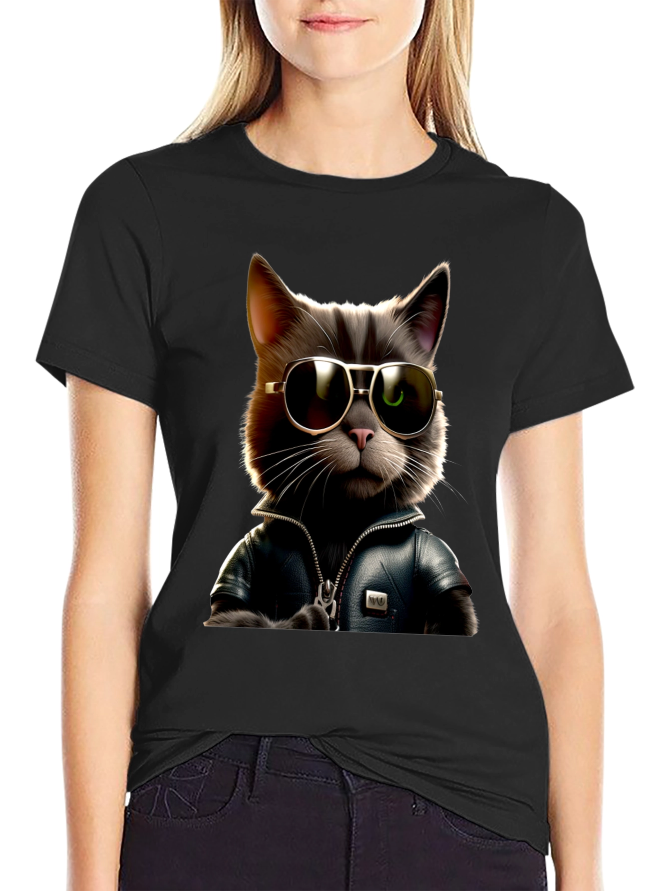 Cool Cat in Leather Jacket Graphic T-Shirt
