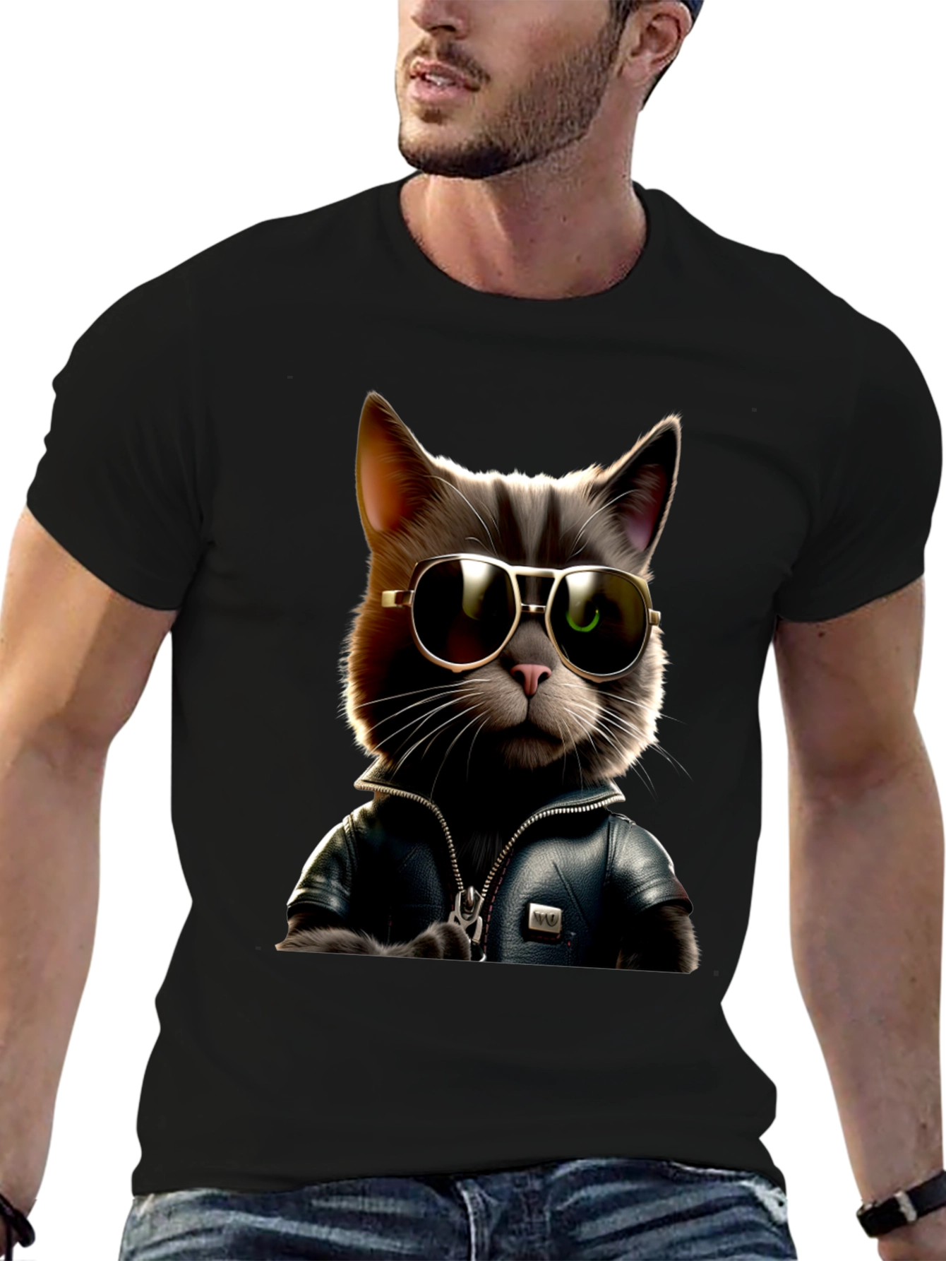 Cool Cat in Leather Jacket Graphic T-Shirt
