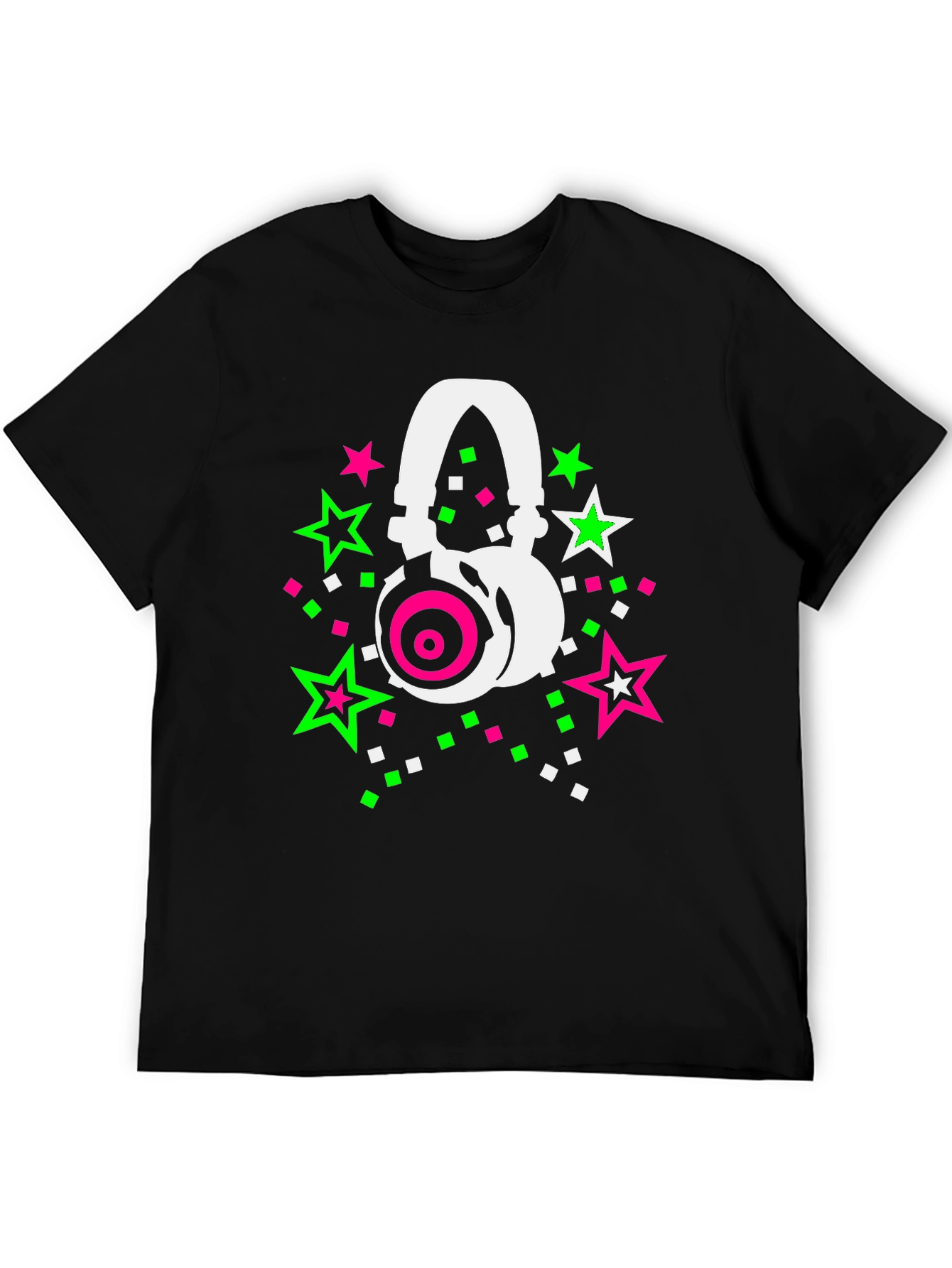 Retro Headphones Star Graphic Black T-Shirt