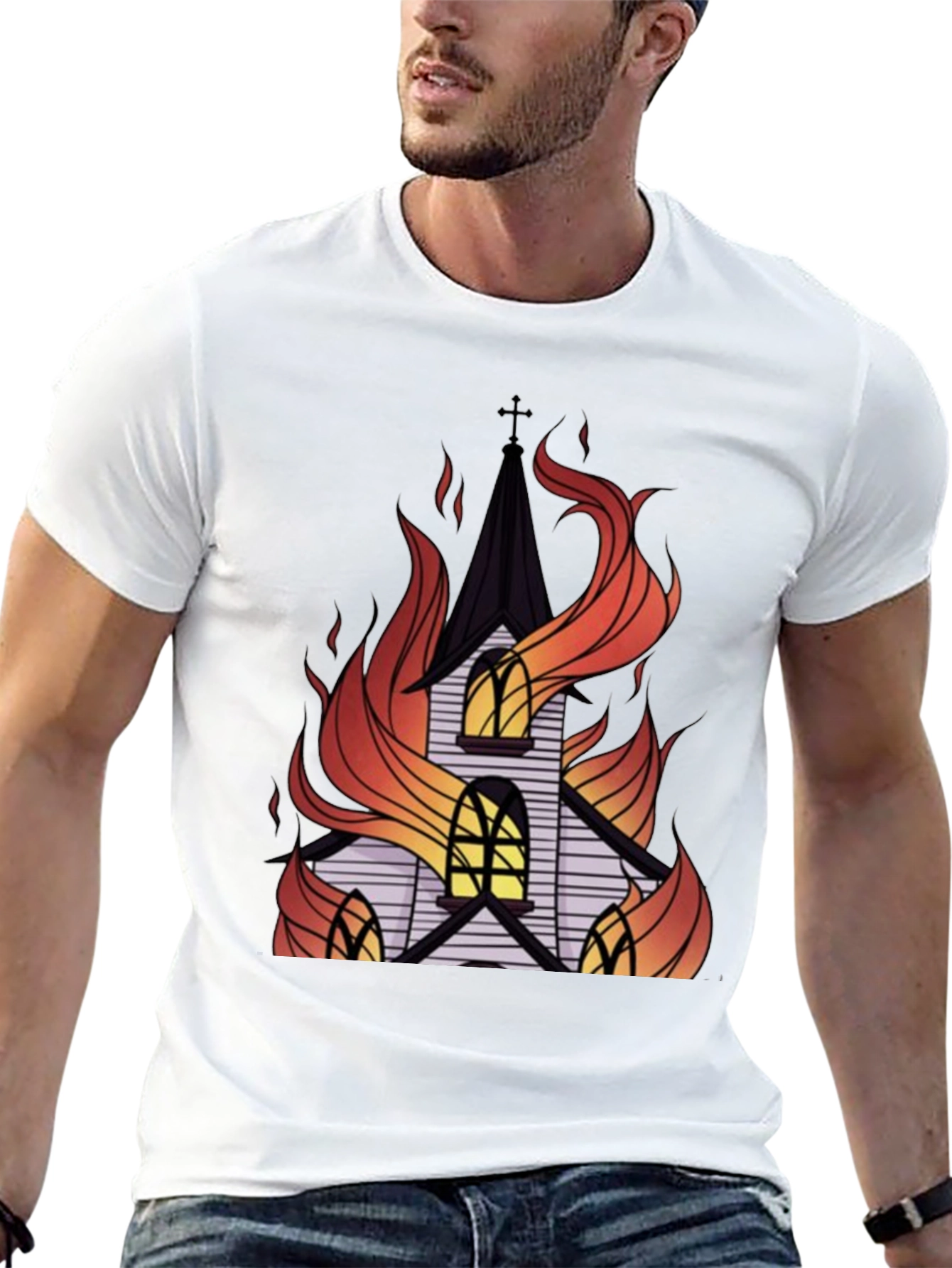 Burning Church Graphic Tee - Black Cotton T-Shirt