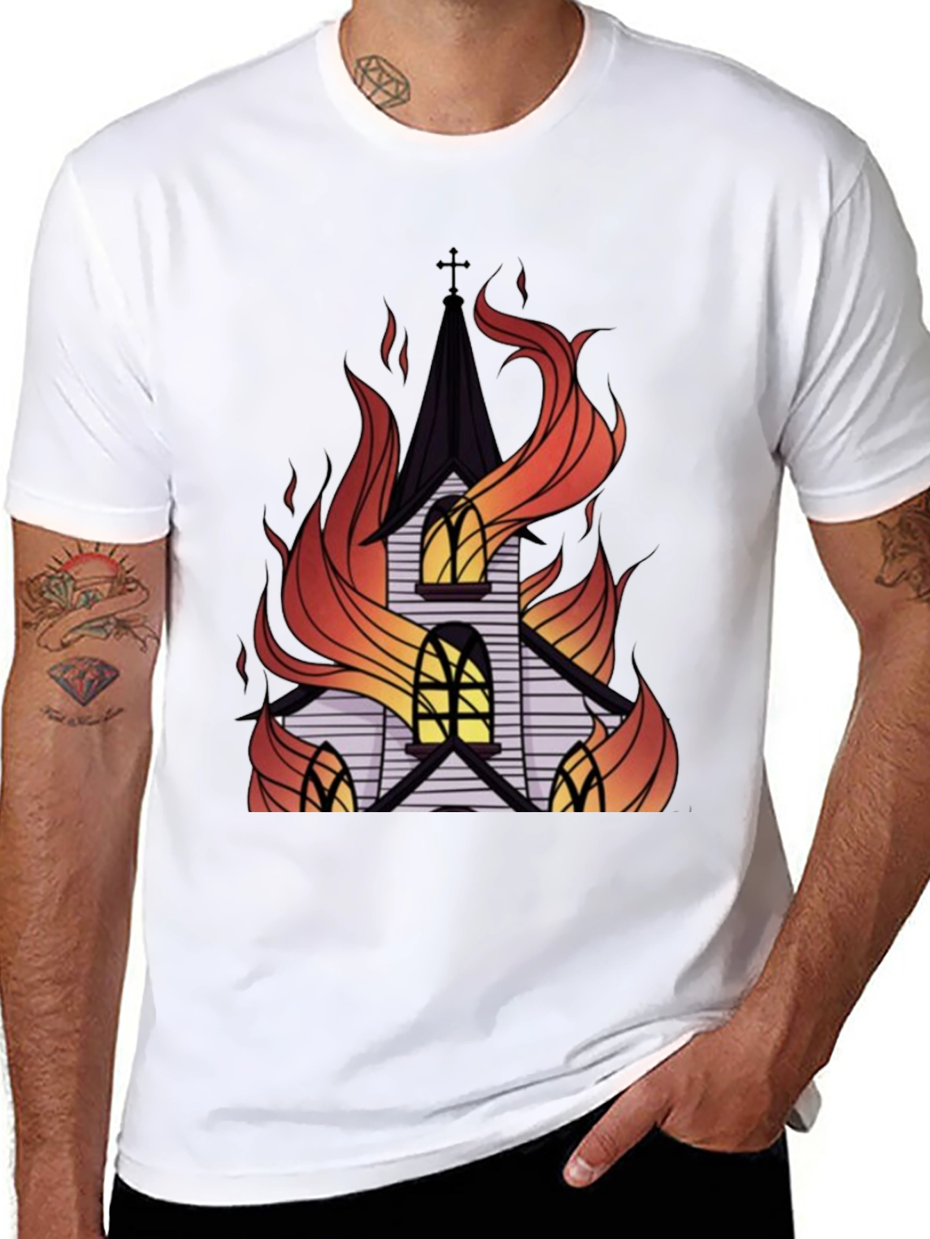 Burning Church Graphic Tee - Black Cotton T-Shirt