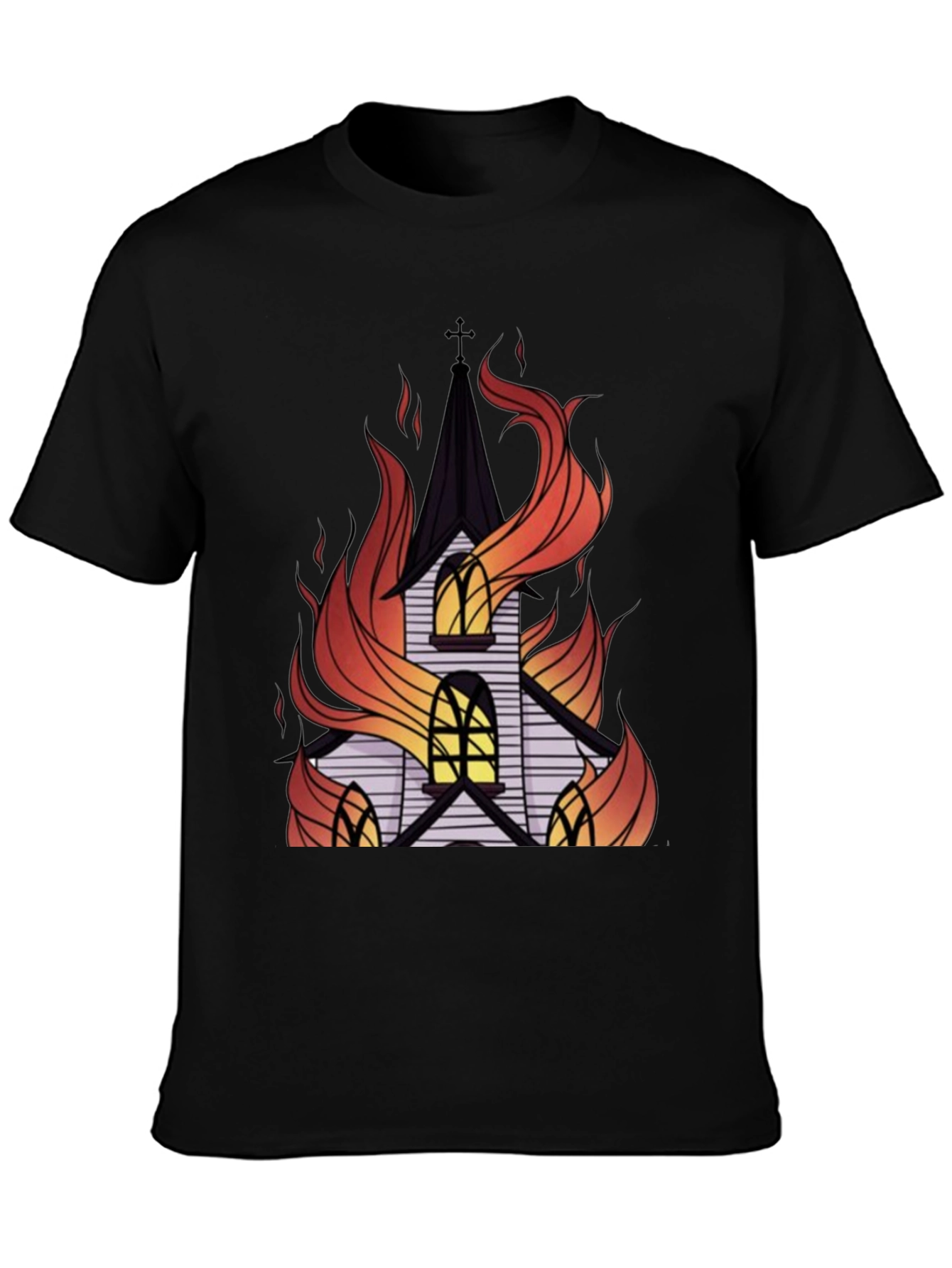 Burning Church Graphic Tee - Black Cotton T-Shirt
