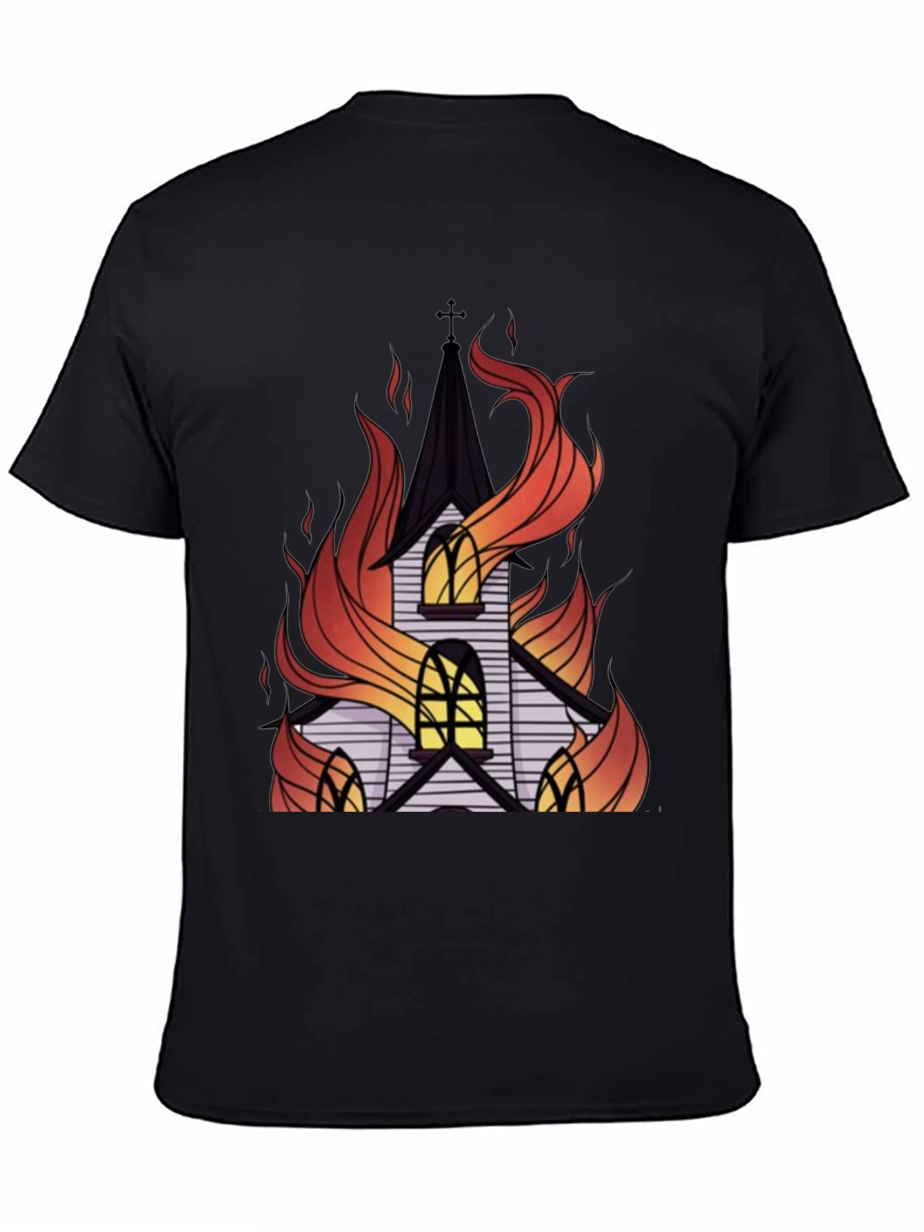 Burning Church Graphic Tee - Black Cotton T-Shirt