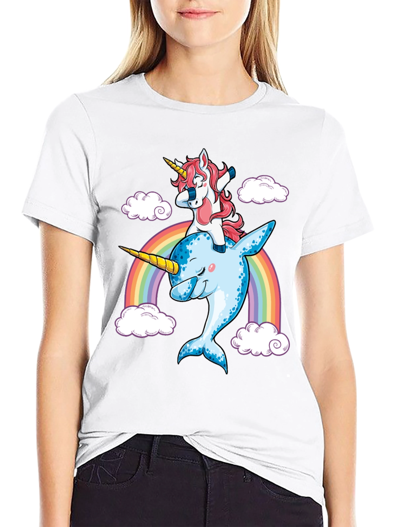Unicorn Riding Narwhal Rainbow T-Shirt