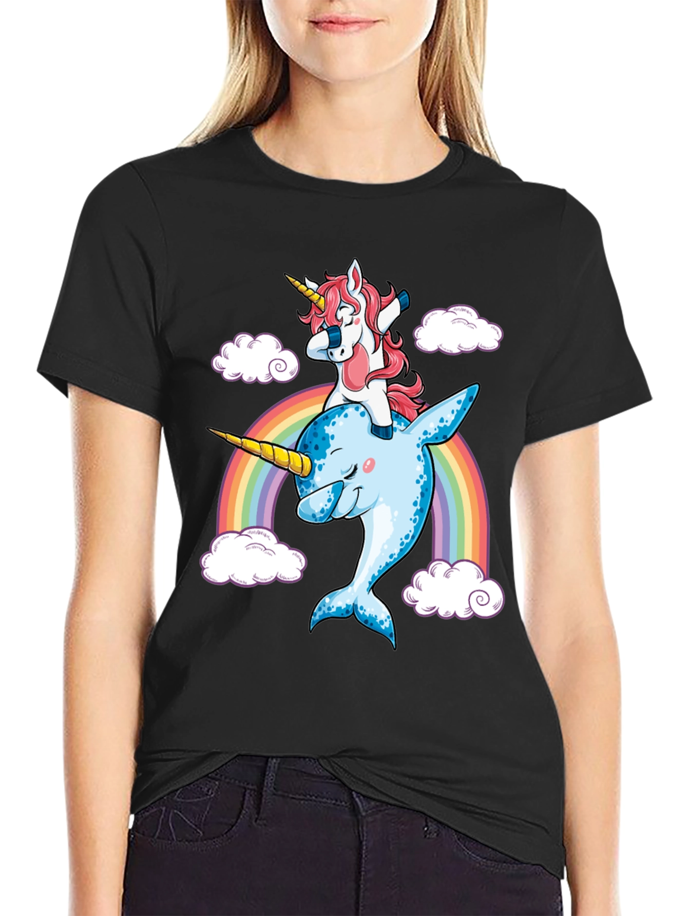 Unicorn Riding Narwhal Rainbow T-Shirt
