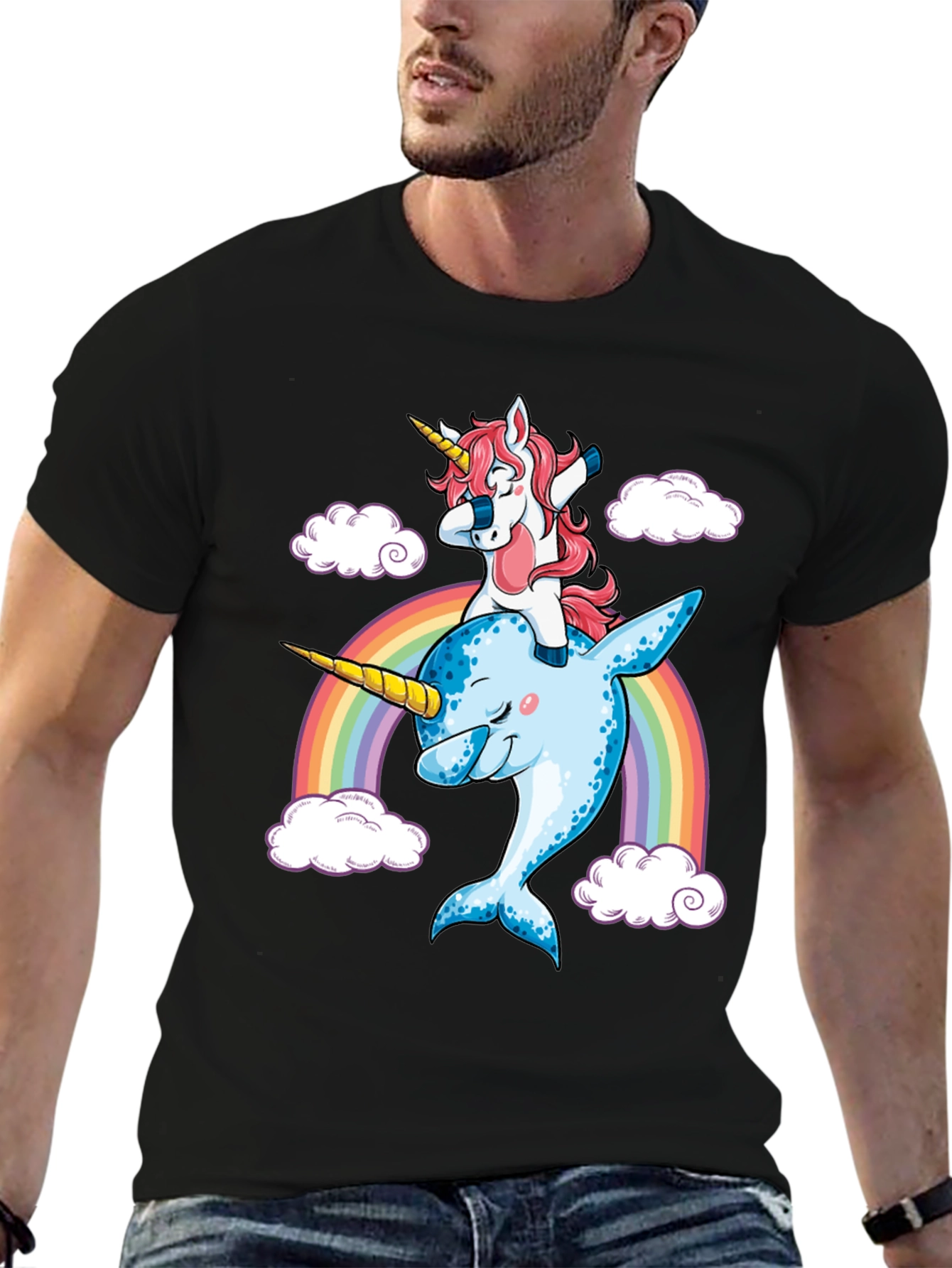 Unicorn Riding Narwhal Rainbow T-Shirt