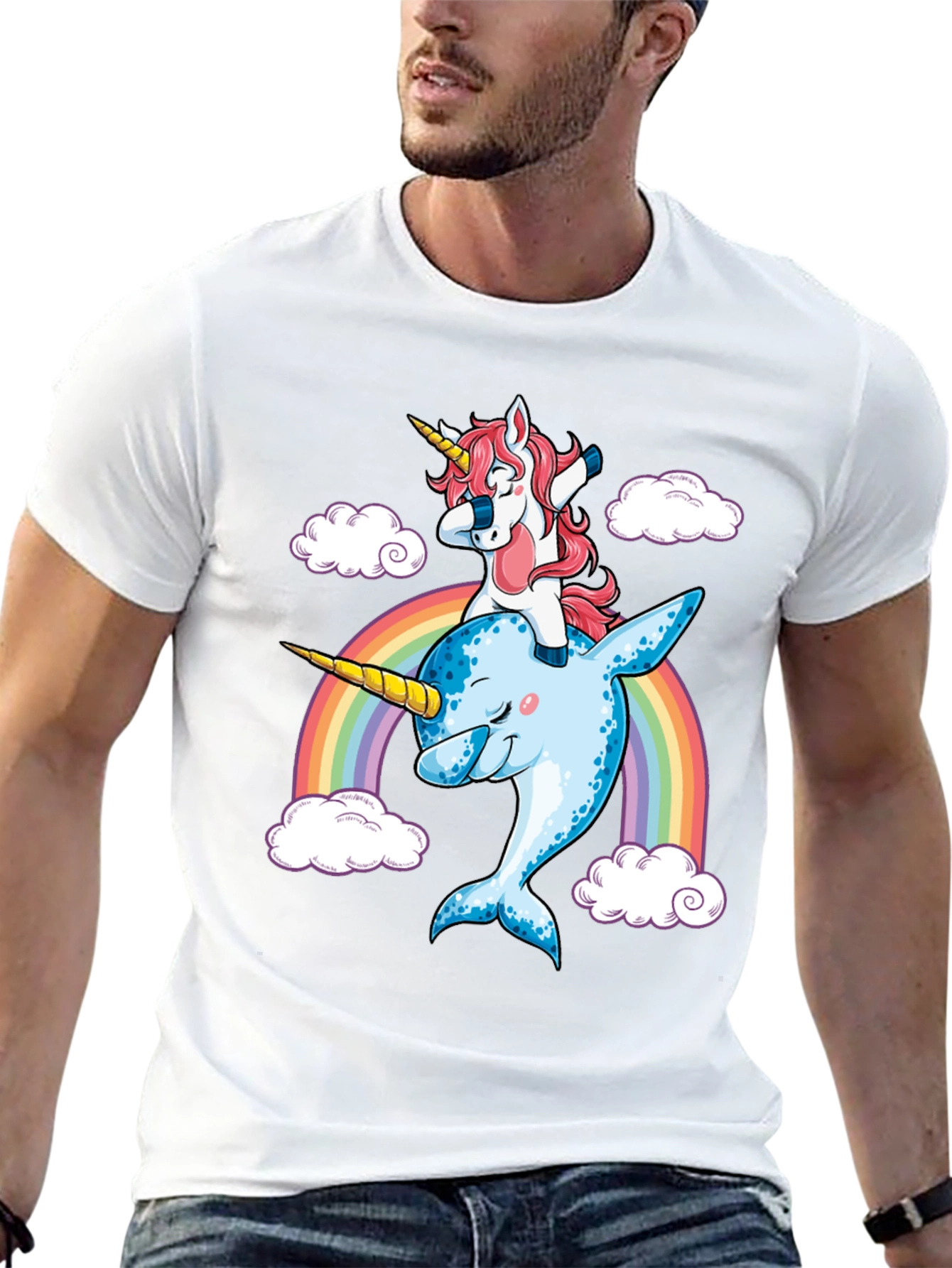 Unicorn Riding Narwhal Rainbow T-Shirt