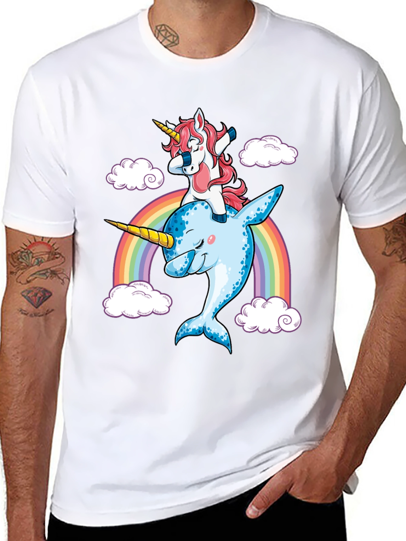 Unicorn Riding Narwhal Rainbow T-Shirt