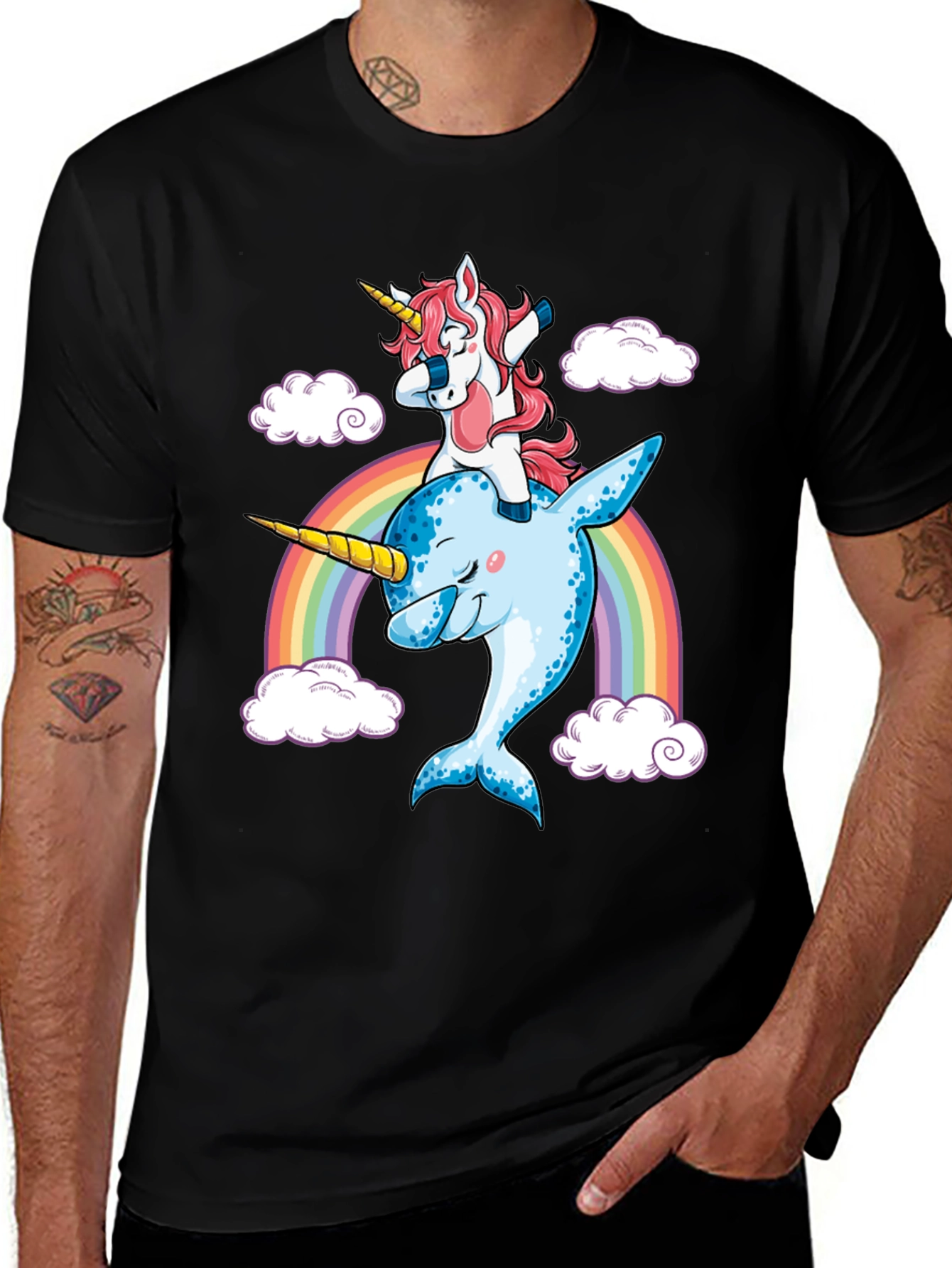 Unicorn Riding Narwhal Rainbow T-Shirt