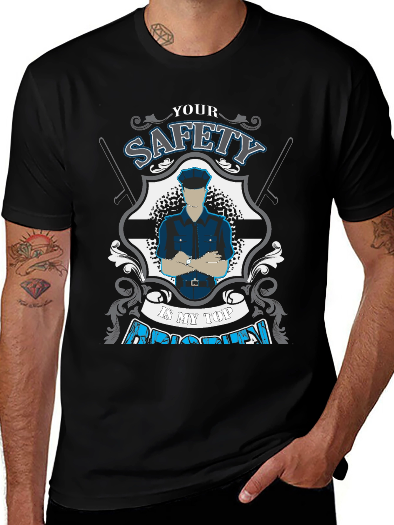 Safety First Police Graphic Tee - Black Cotton T-Shirt