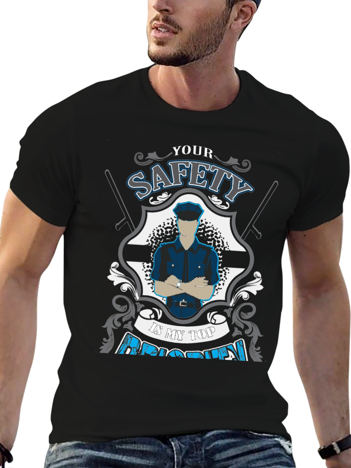 Safety First Police Graphic Tee - Black Cotton T-Shirt