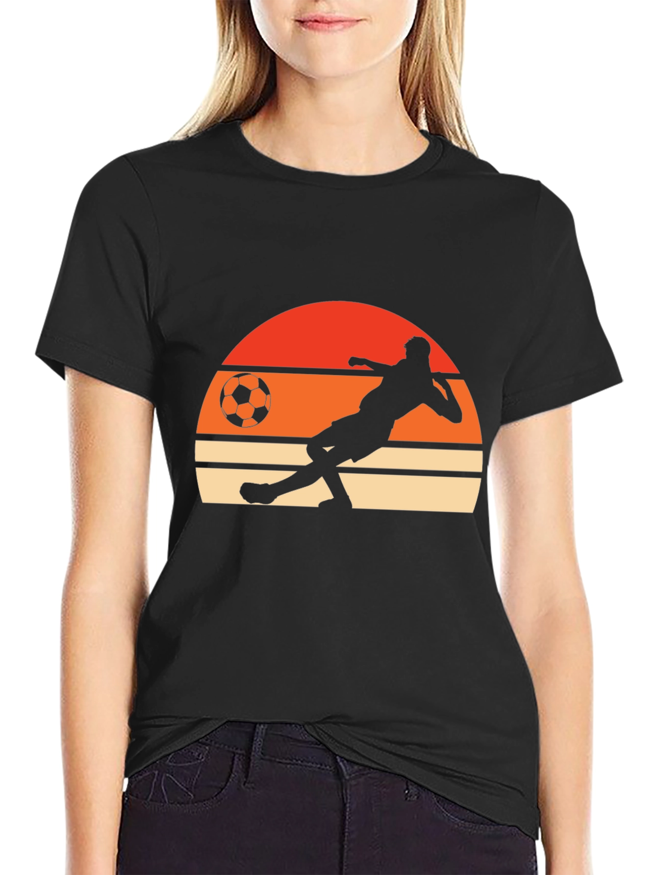 Retro Soccer Player Graphic Tee - Black Cotton T-Shirt