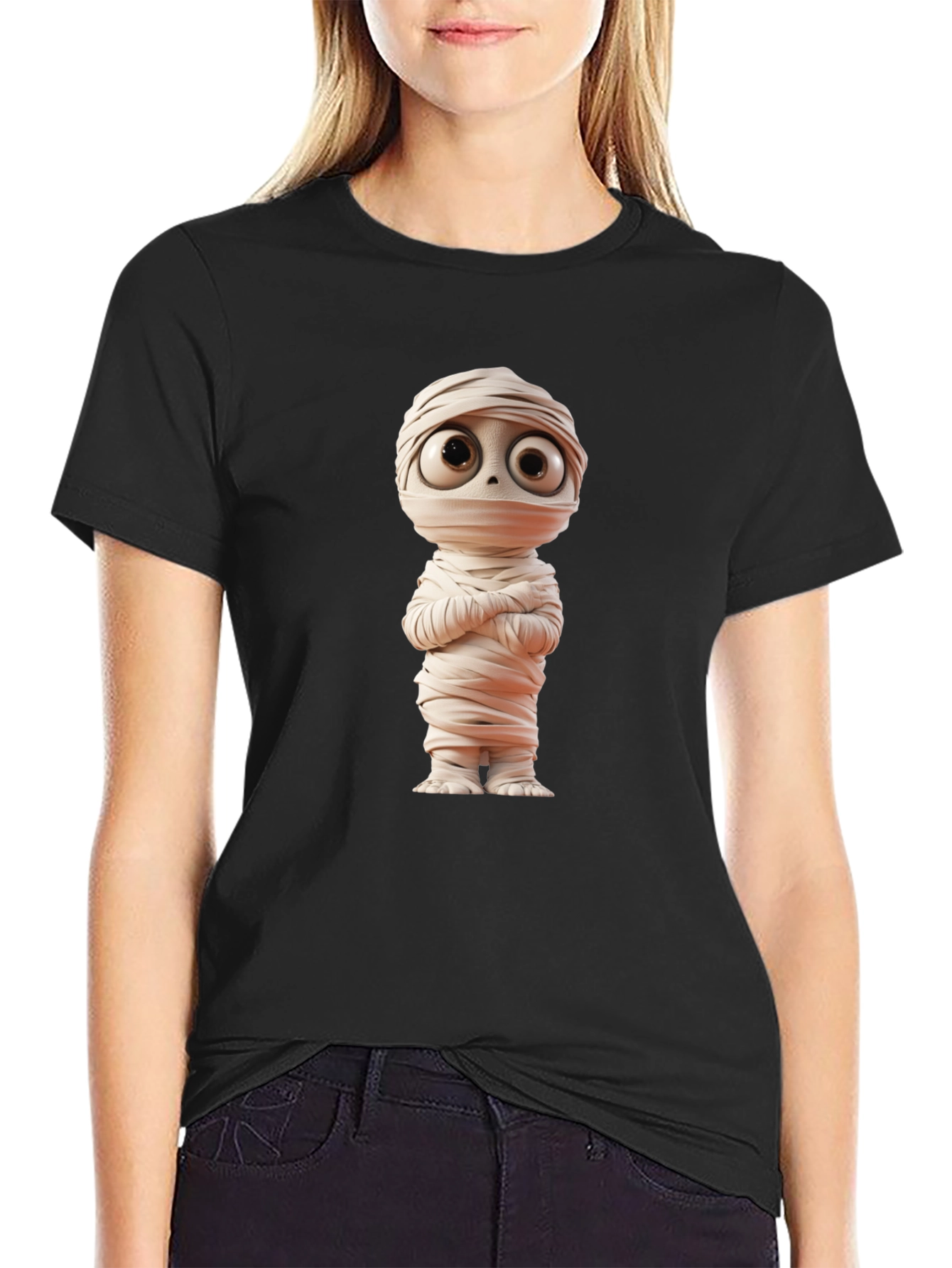 Cartoon Mummy Graphic Tee - Black Cotton Blend