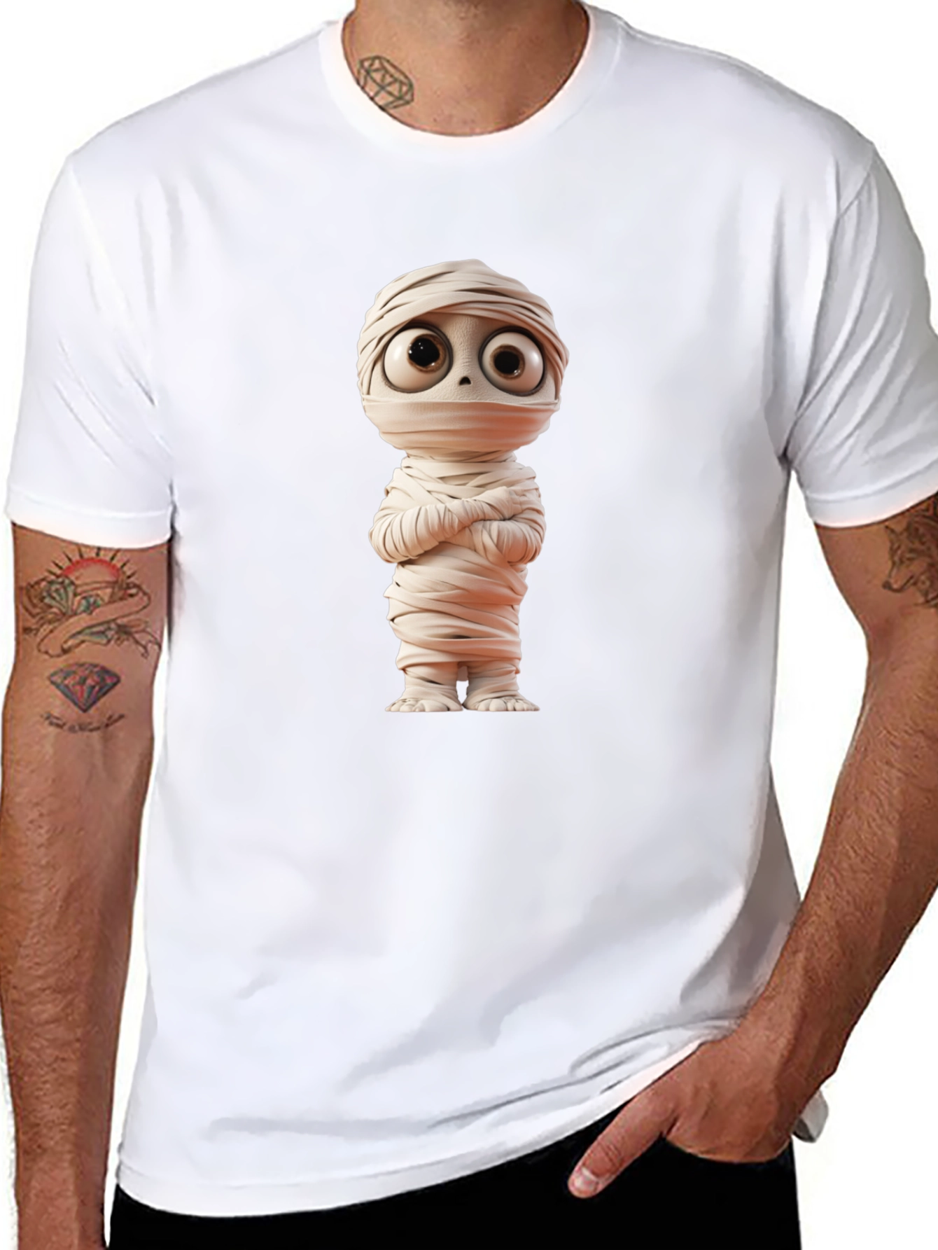 Cartoon Mummy Graphic Tee - Black Cotton Blend