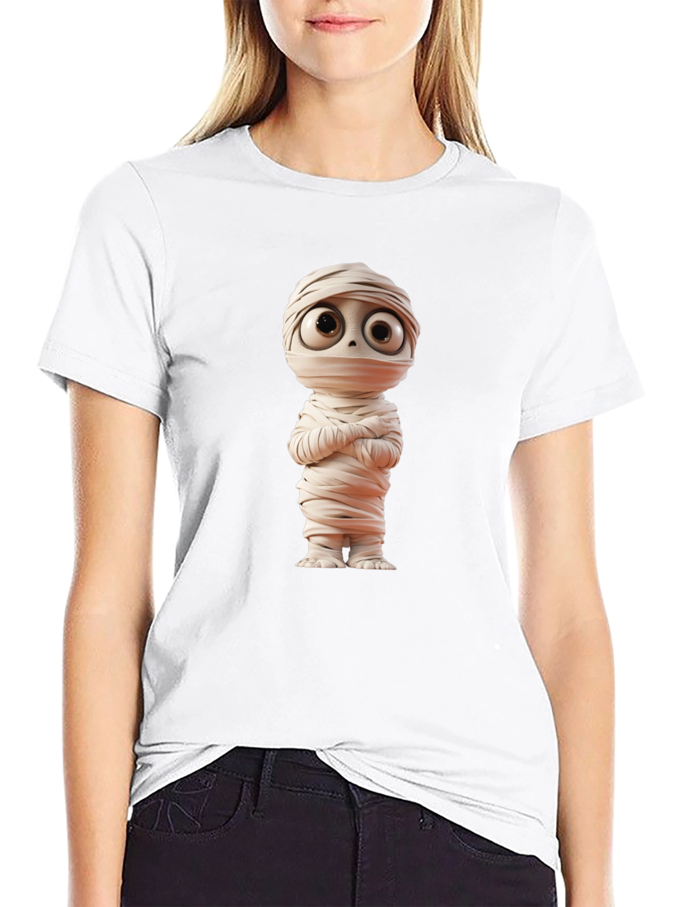 Cartoon Mummy Graphic Tee - Black Cotton Blend