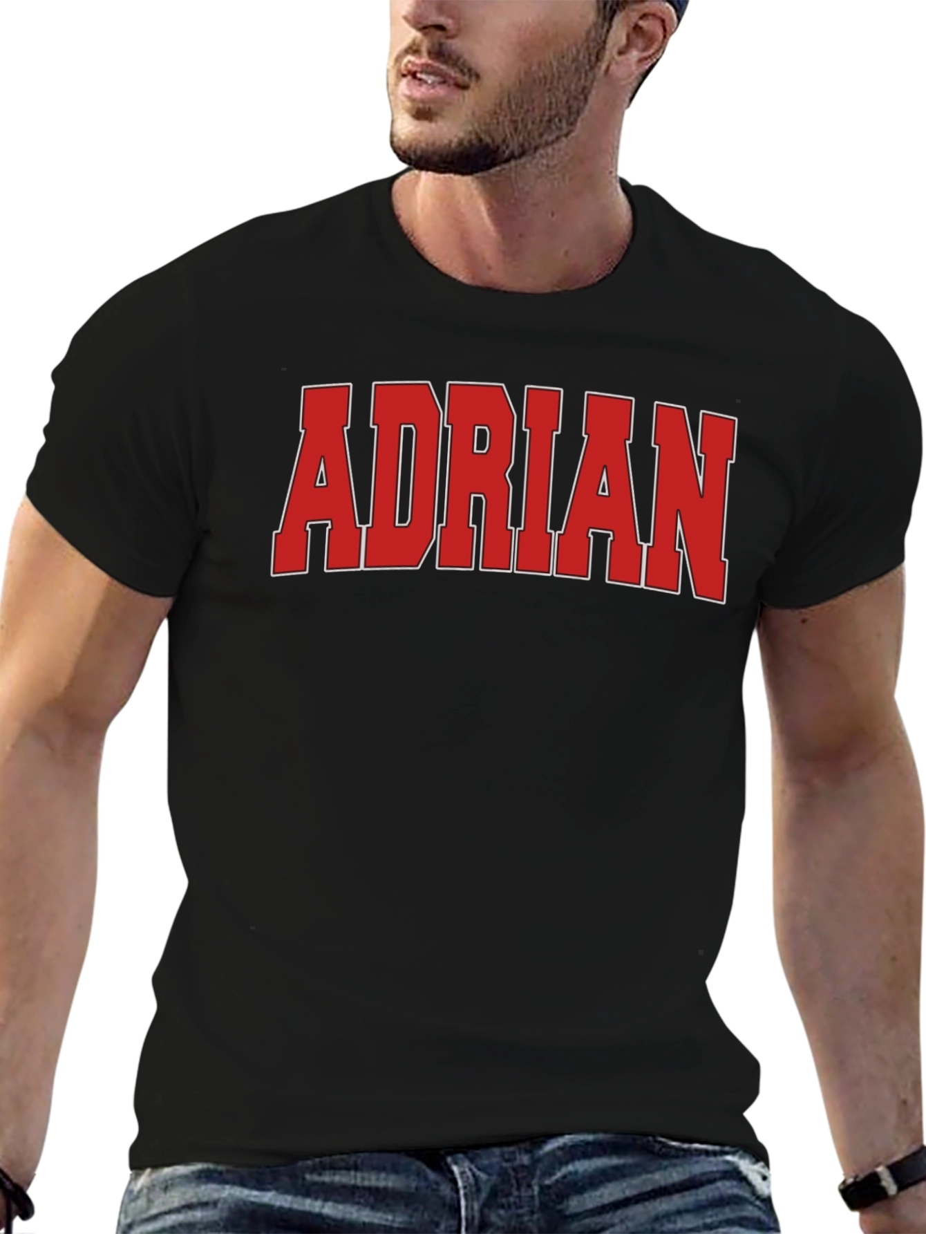 Adrian Black T-Shirt with Bold Red Font
