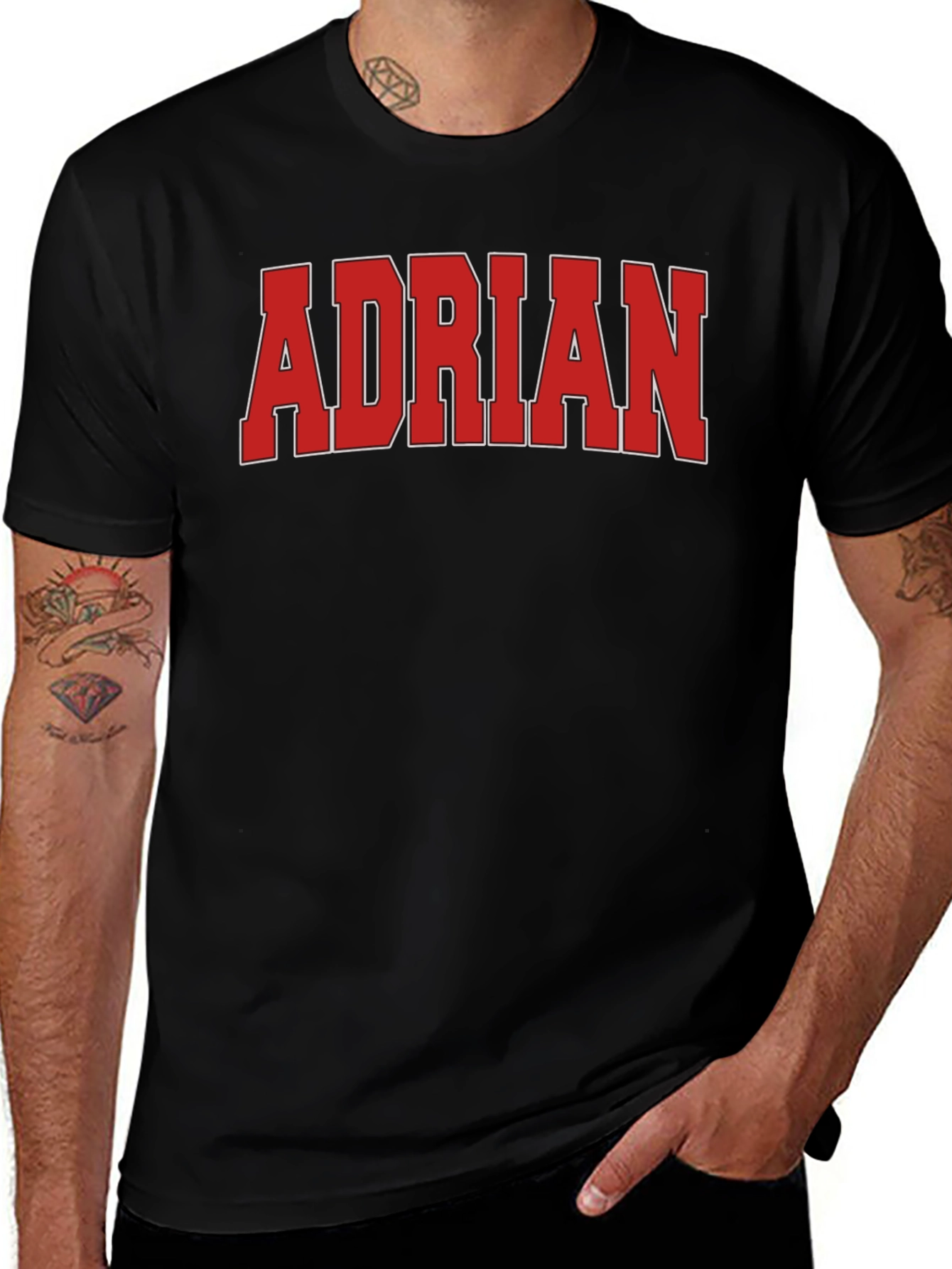 Adrian Black T-Shirt with Bold Red Font