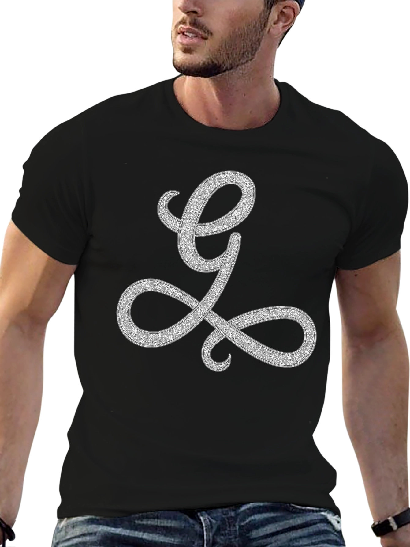 Elegant Letter L Graphic Tee - Black Cotton Blend