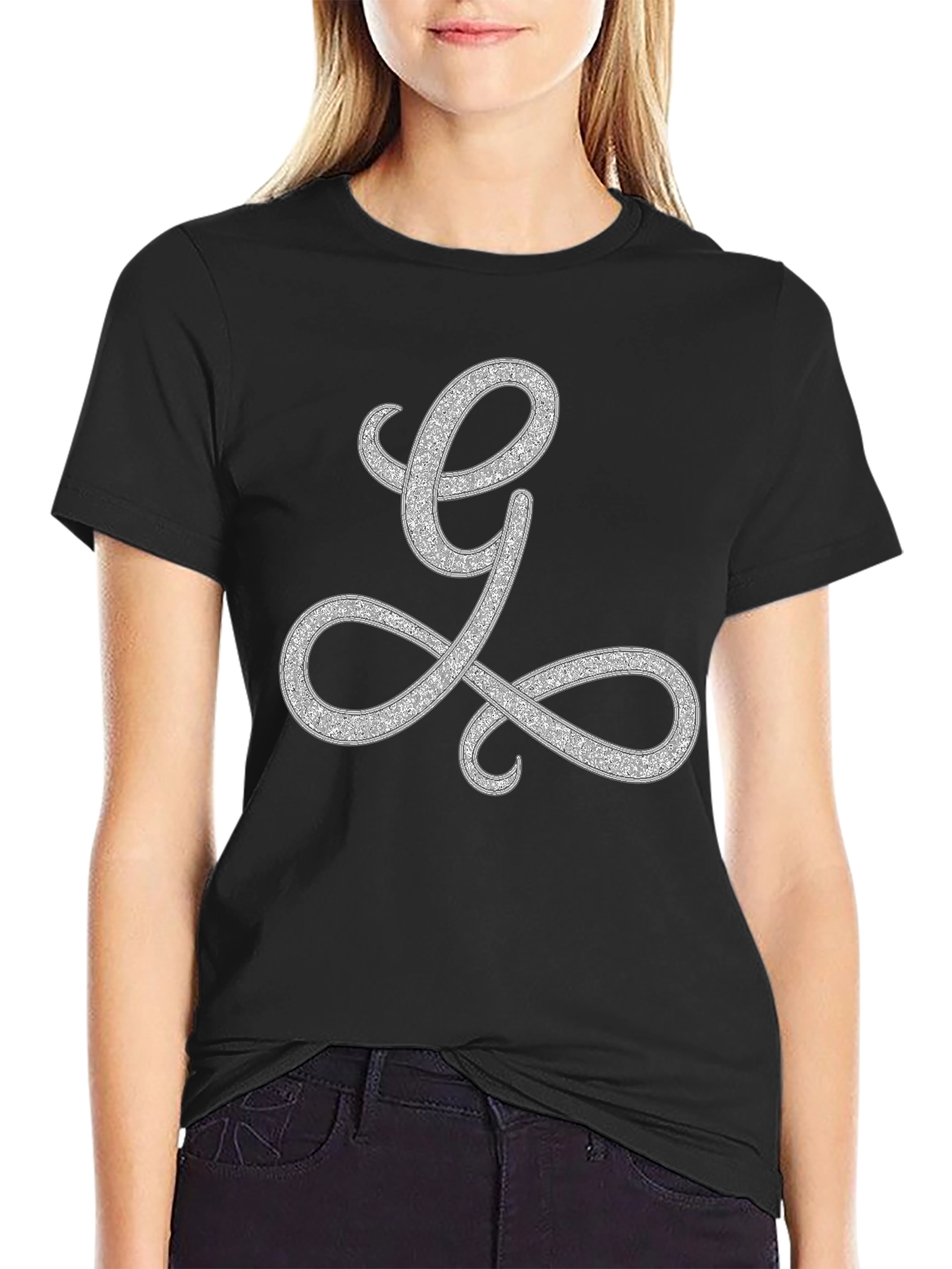 Elegant Letter L Graphic Tee - Black Cotton Blend