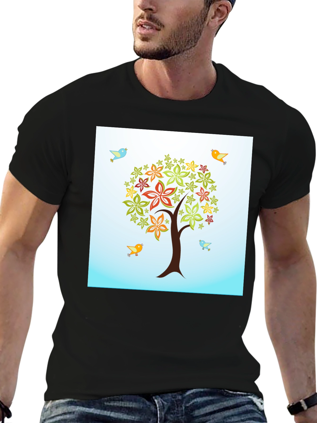Nature Tree Bird Graphic Tee - Mens Black T-Shirt