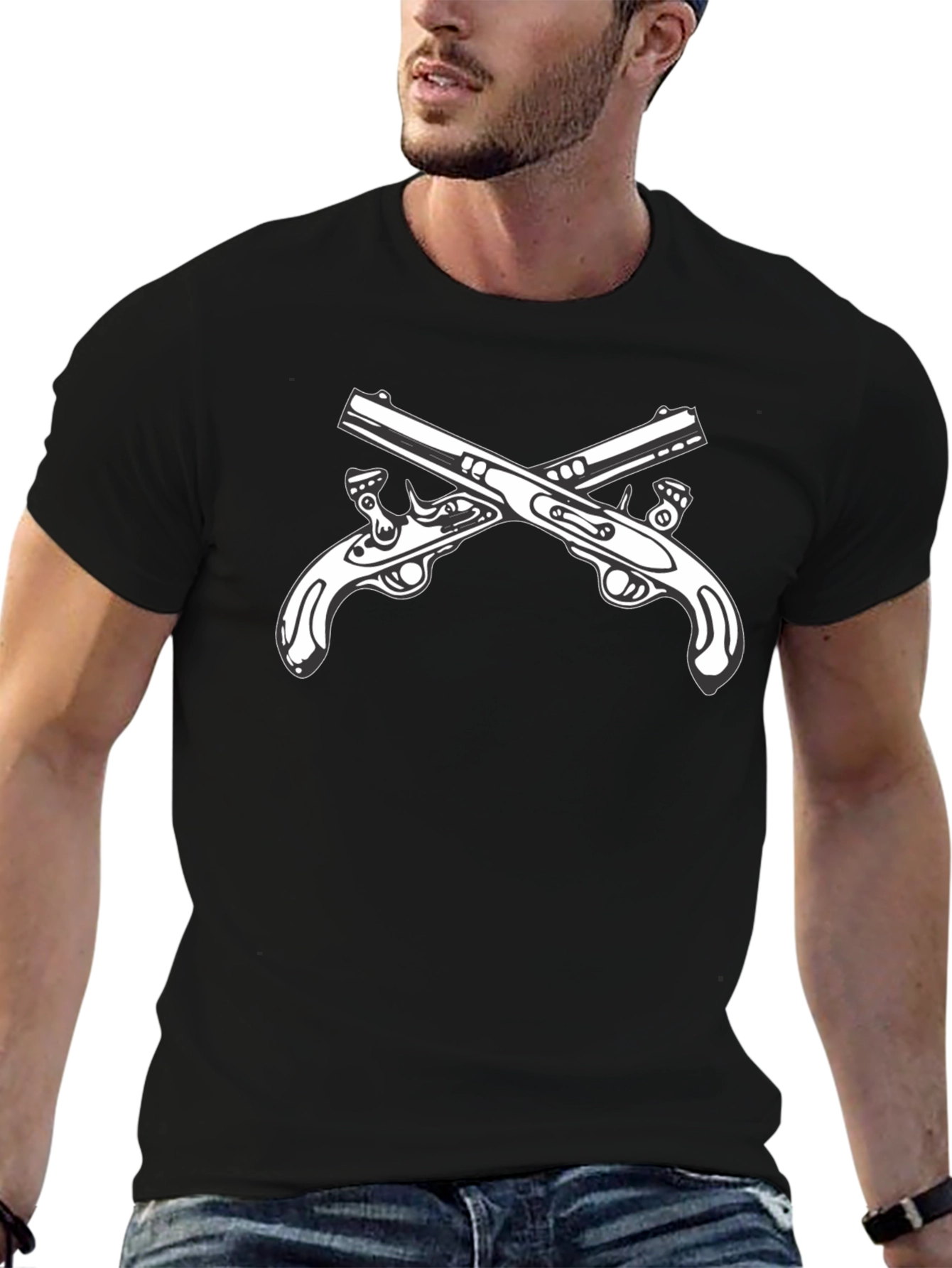 Black T-Shirt with Crossed Pistols Graphic