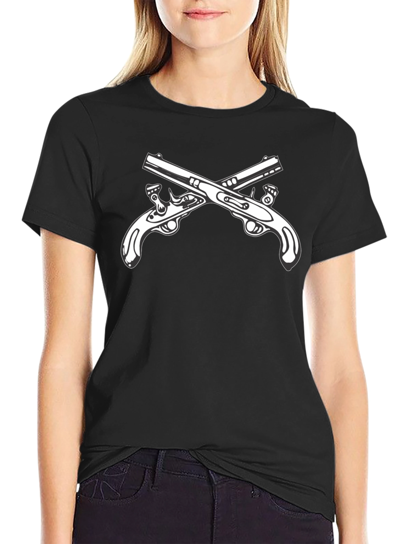 Black T-Shirt with Crossed Pistols Graphic