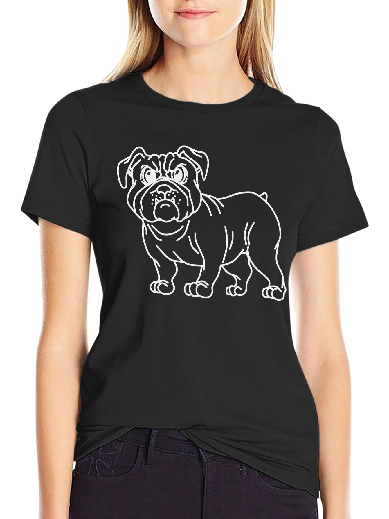 Bulldog Outline Graphic Tee - Black Cotton Blend Shirt