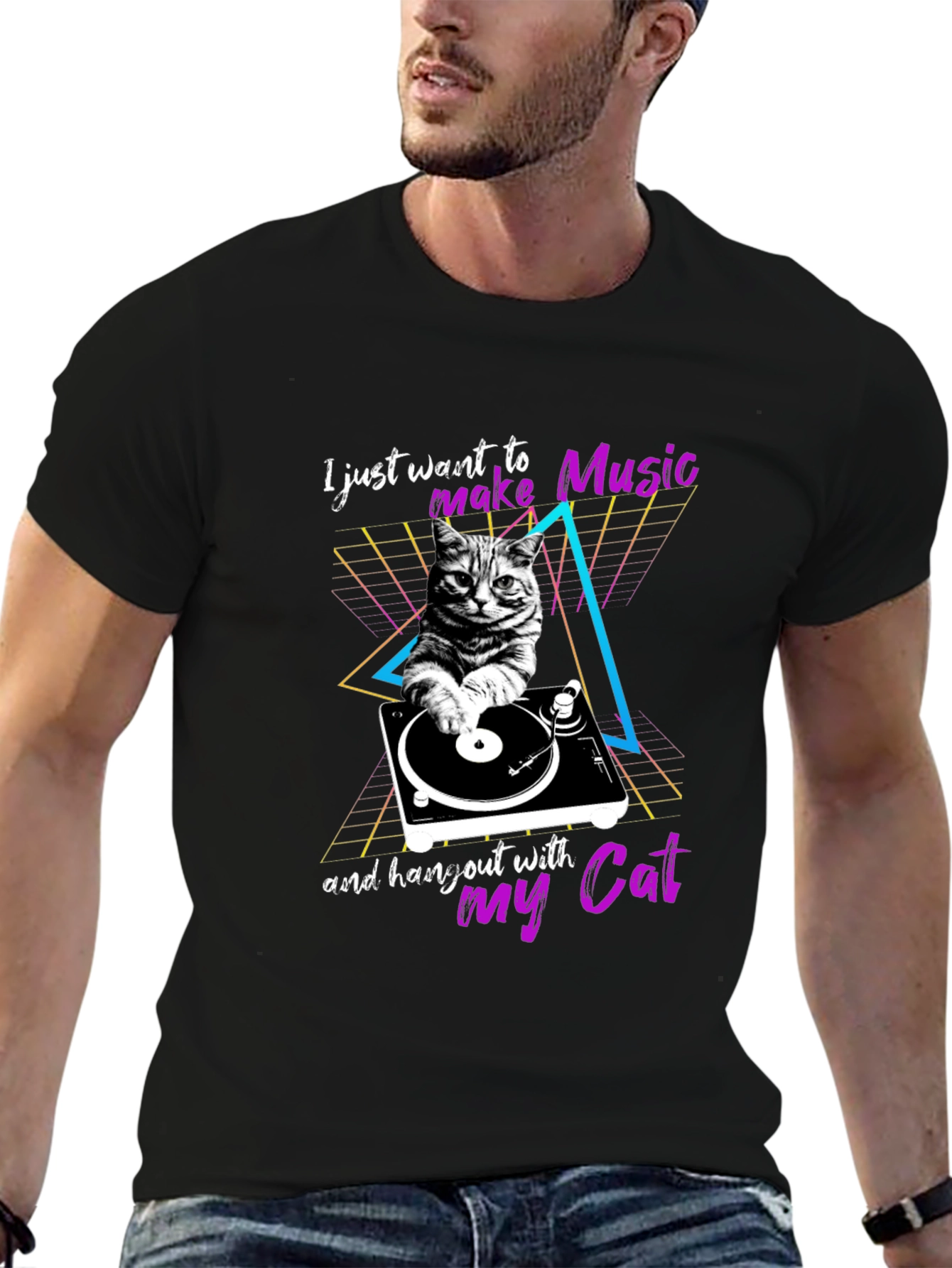 Retro Cat DJ T-Shirt - Music Lover Tee