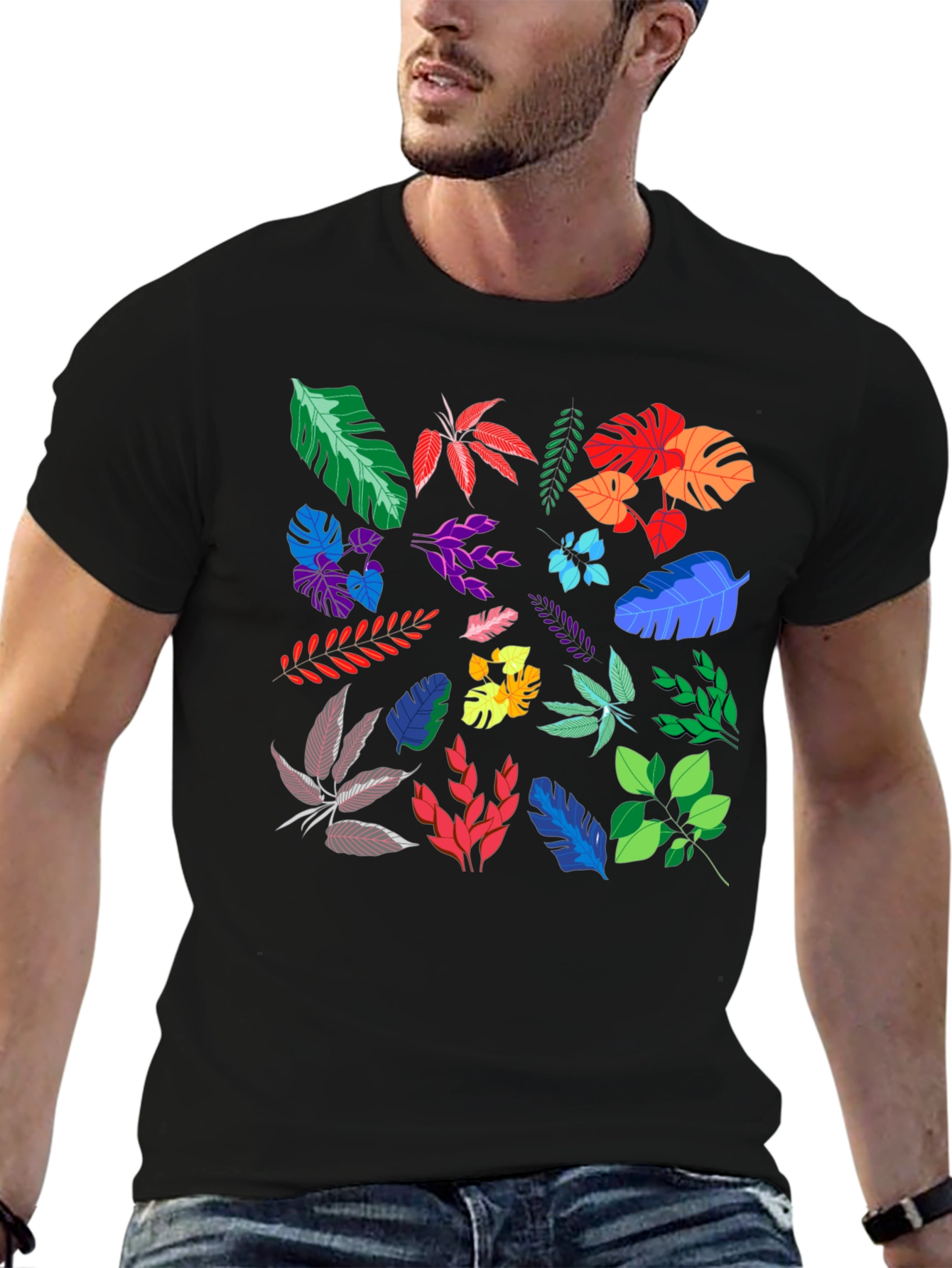 Tropical Leaves Print Black T-Shirt