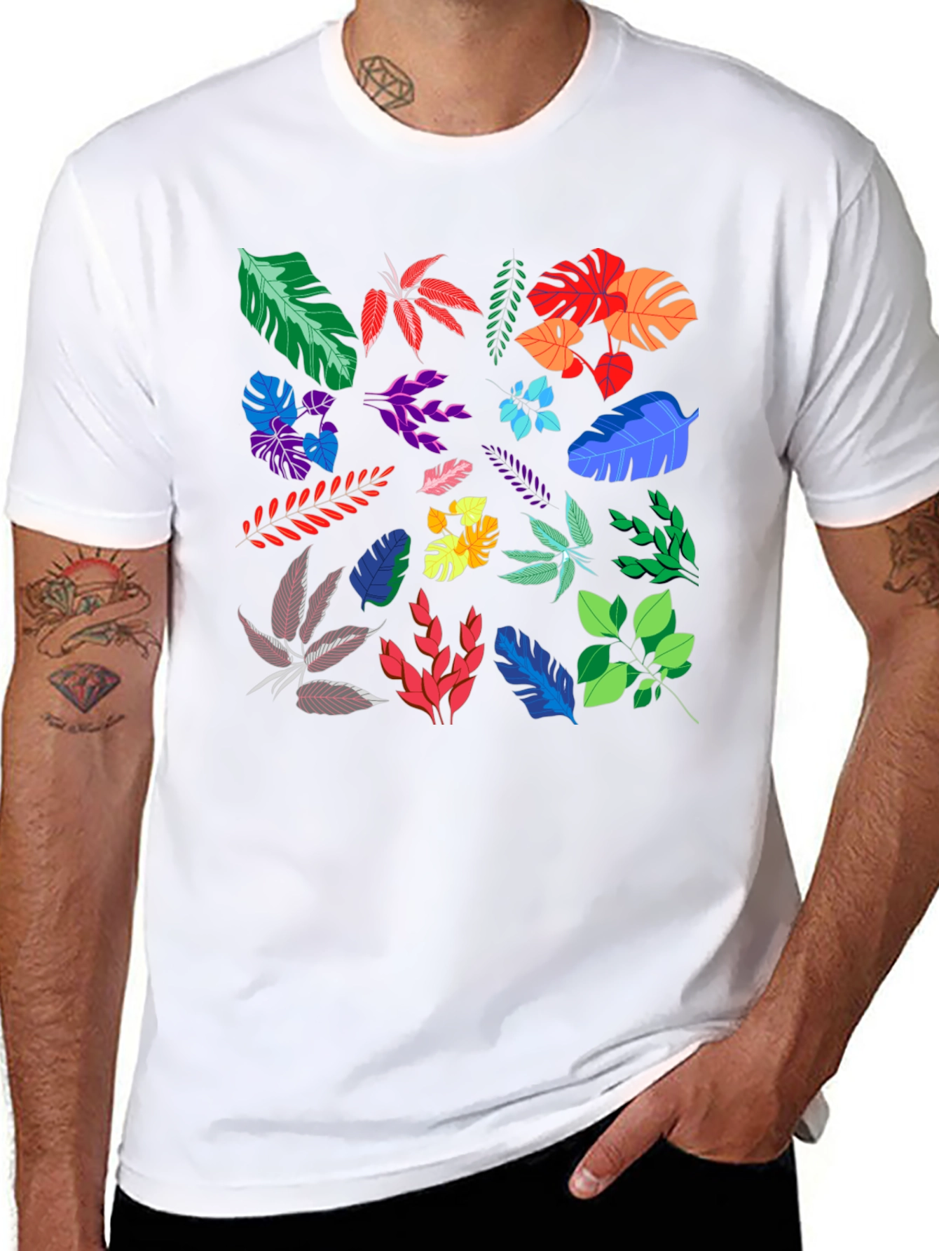 Tropical Leaves Print Black T-Shirt