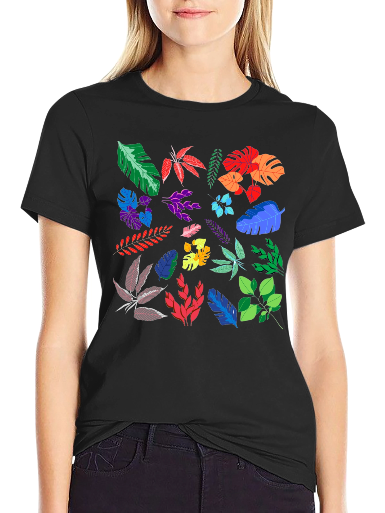 Tropical Leaves Print Black T-Shirt
