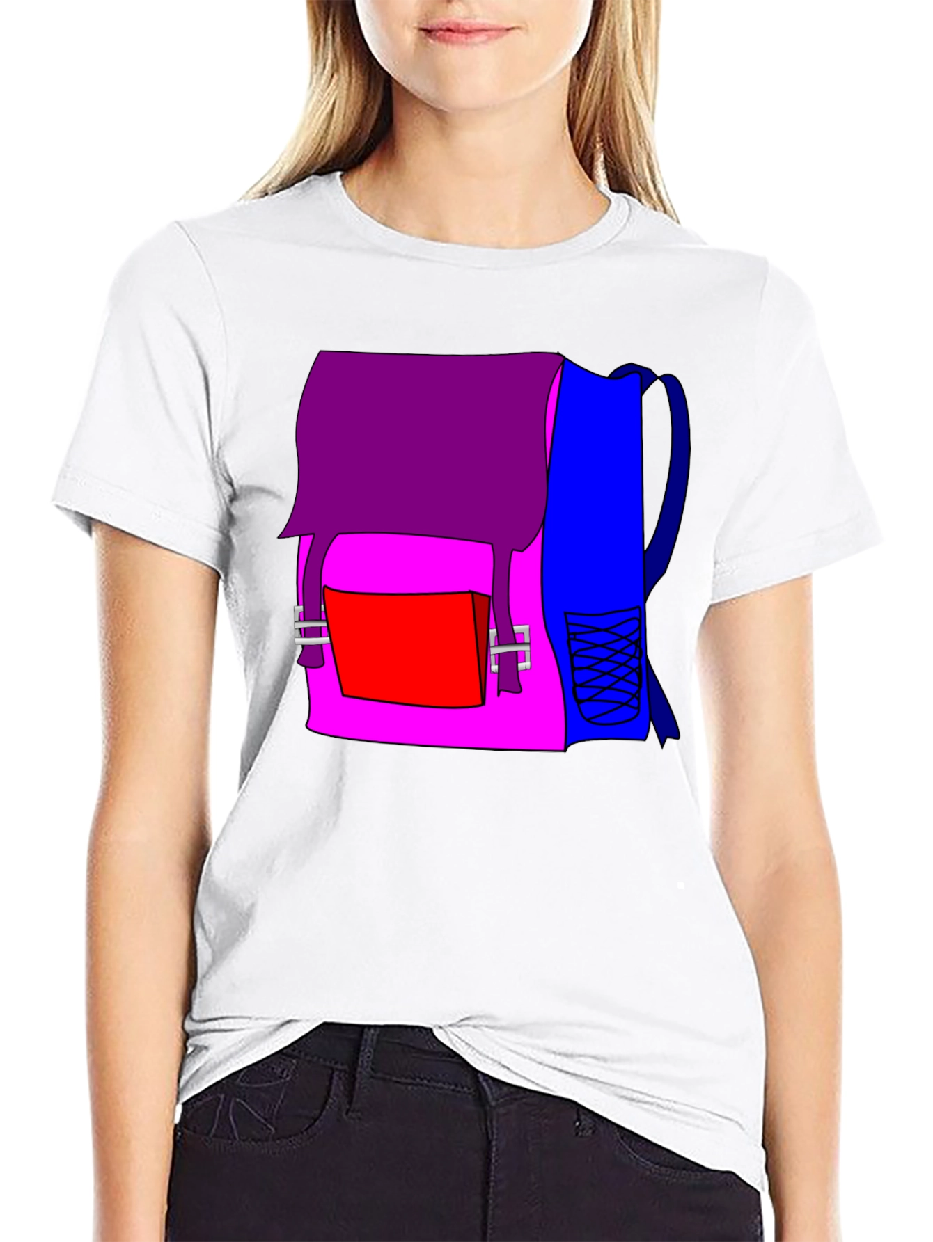 Cartoon Backpack Graphic Tee - Casual Black T-Shirt