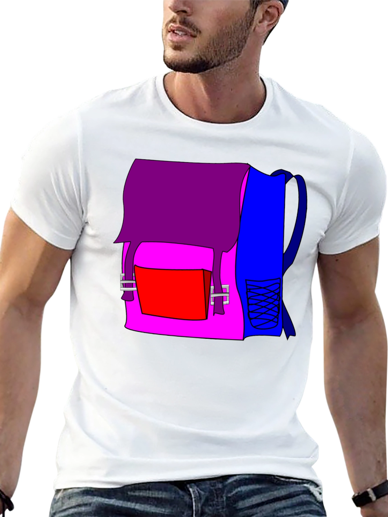 Cartoon Backpack Graphic Tee - Casual Black T-Shirt