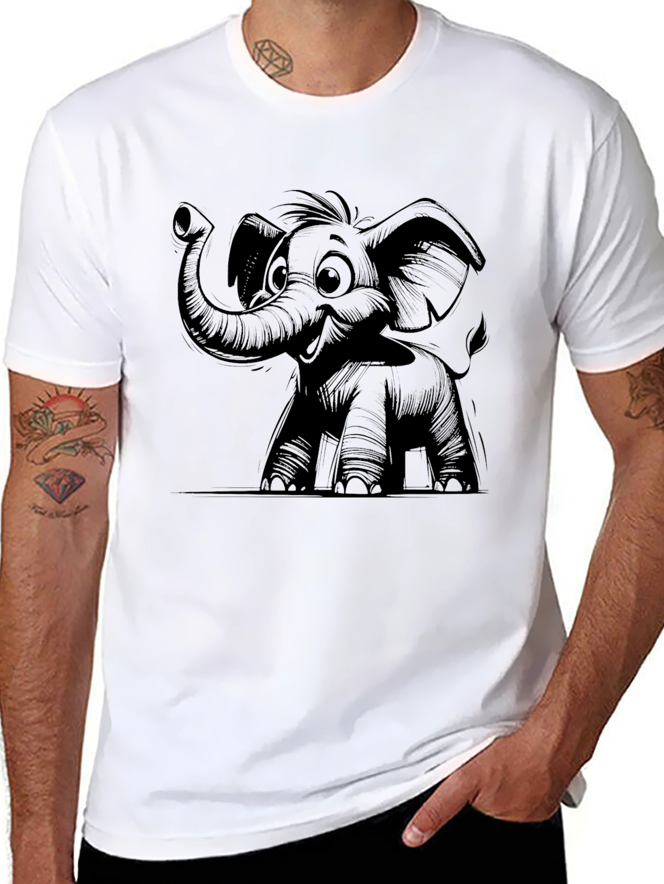 Cartoon Elephant Graphic T-Shirt - Black