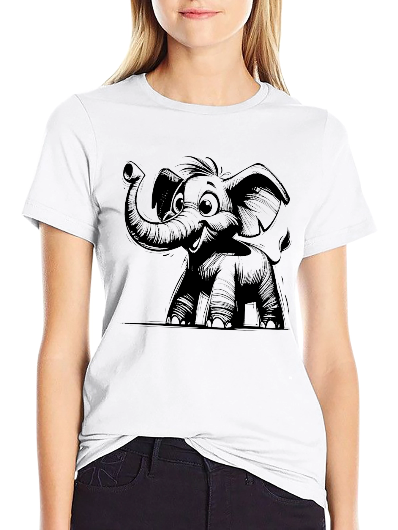 Cartoon Elephant Graphic T-Shirt - Black