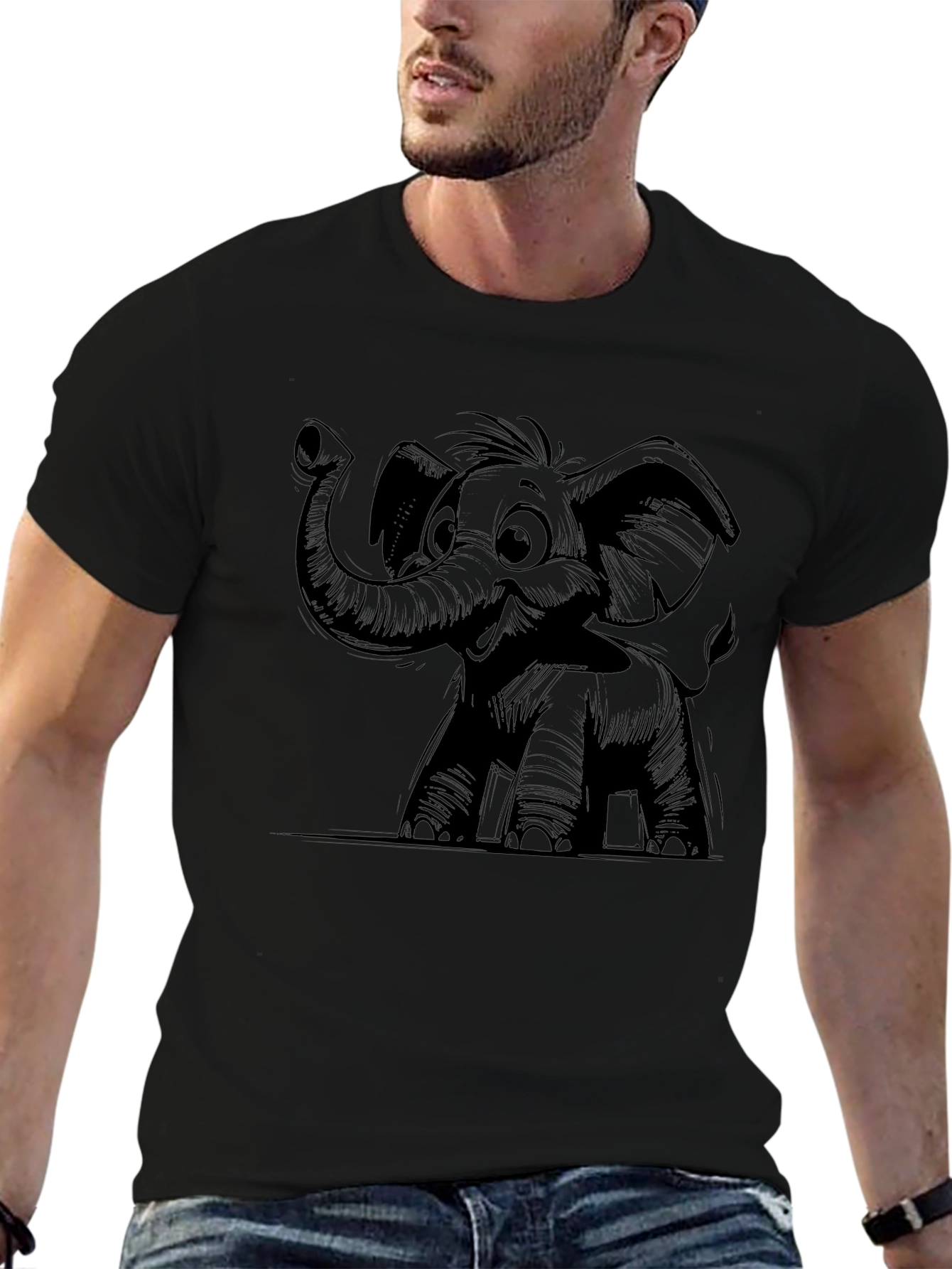 Cartoon Elephant Graphic T-Shirt - Black