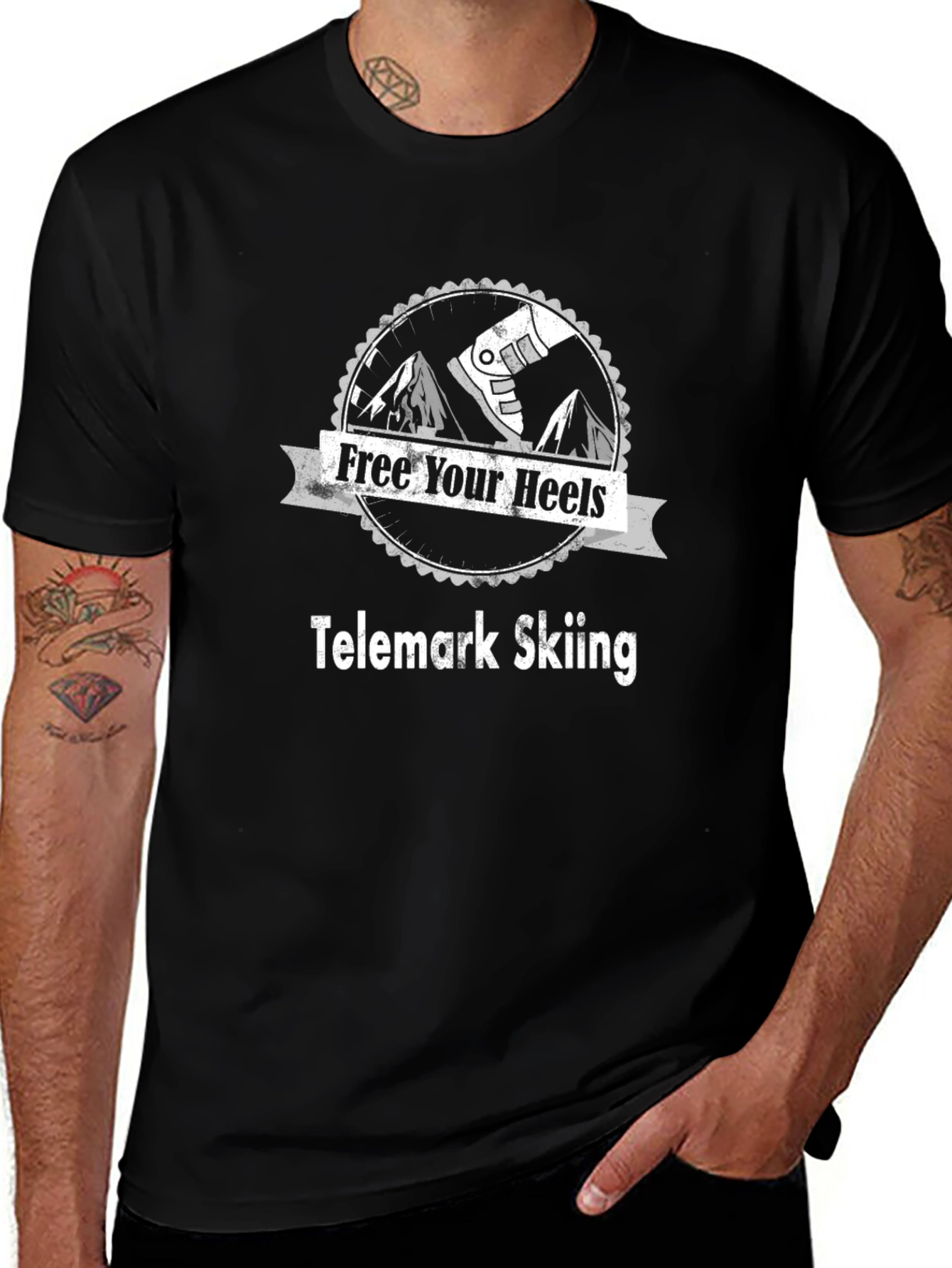 Free Your Heels Telemark Skiing Black T-Shirt