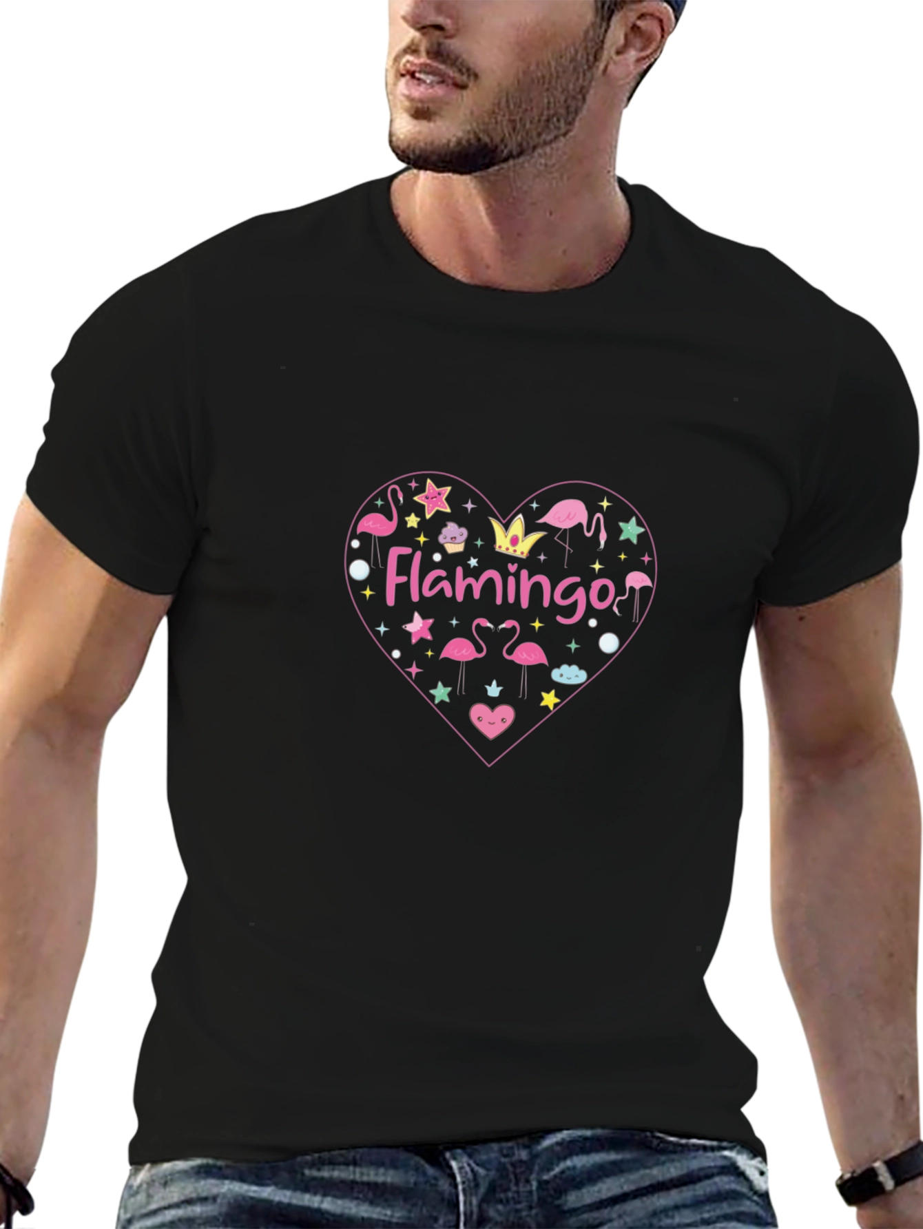 Flamingo Heart Graphic Tee - Stylish Black T-Shirt