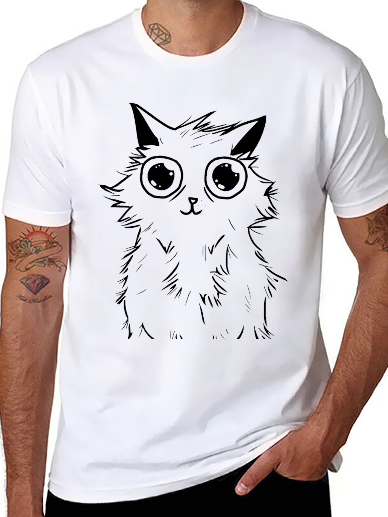Cute Cat Graphic Tee - Black Cotton T-Shirt
