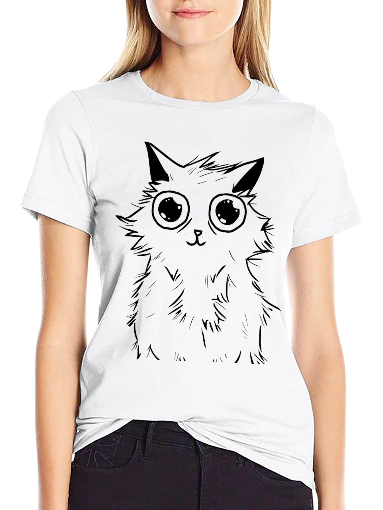 Cute Cat Graphic Tee - Black Cotton T-Shirt