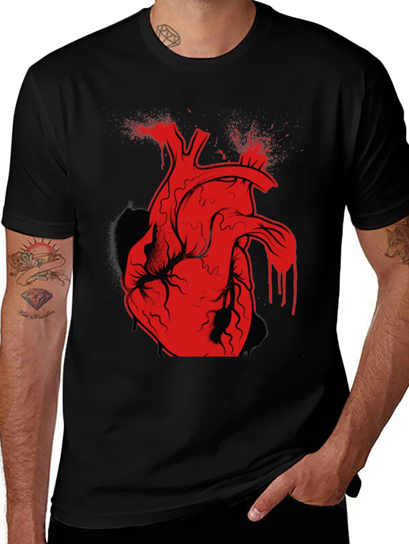 Red Anatomical Heart Graphic Black T-Shirt